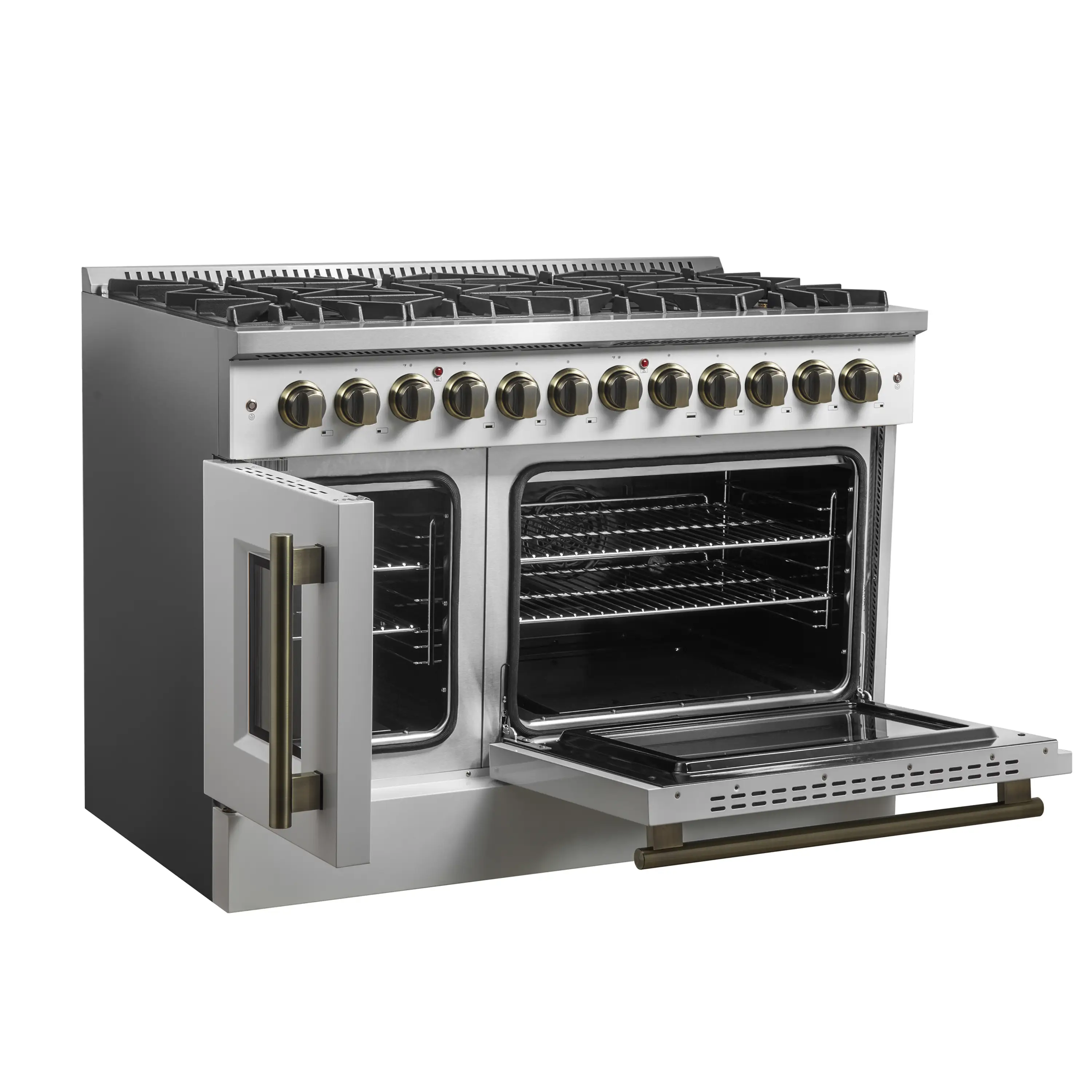 Forno Galiano 48-Inch French Door Dual Fuel Range with 8 Burners and 6.58 Cu. Ft. Electric Convection Oven in White with Antique Brass Handle (FFSGS6356-48WHT) - Image 7