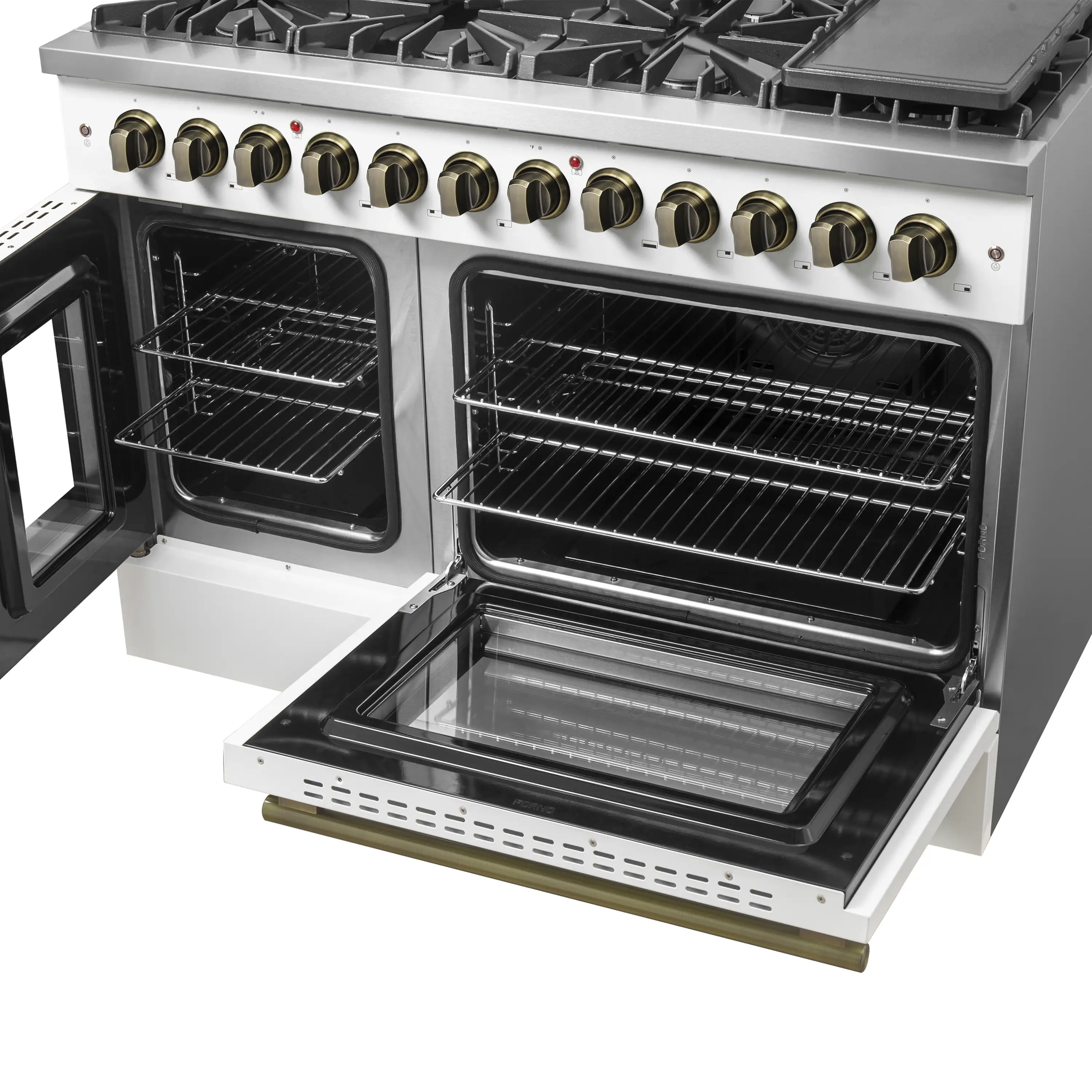 Forno Galiano 48-Inch French Door Dual Fuel Range with 8 Burners and 6.58 Cu. Ft. Electric Convection Oven in White with Antique Brass Handle (FFSGS6356-48WHT) - Image 8