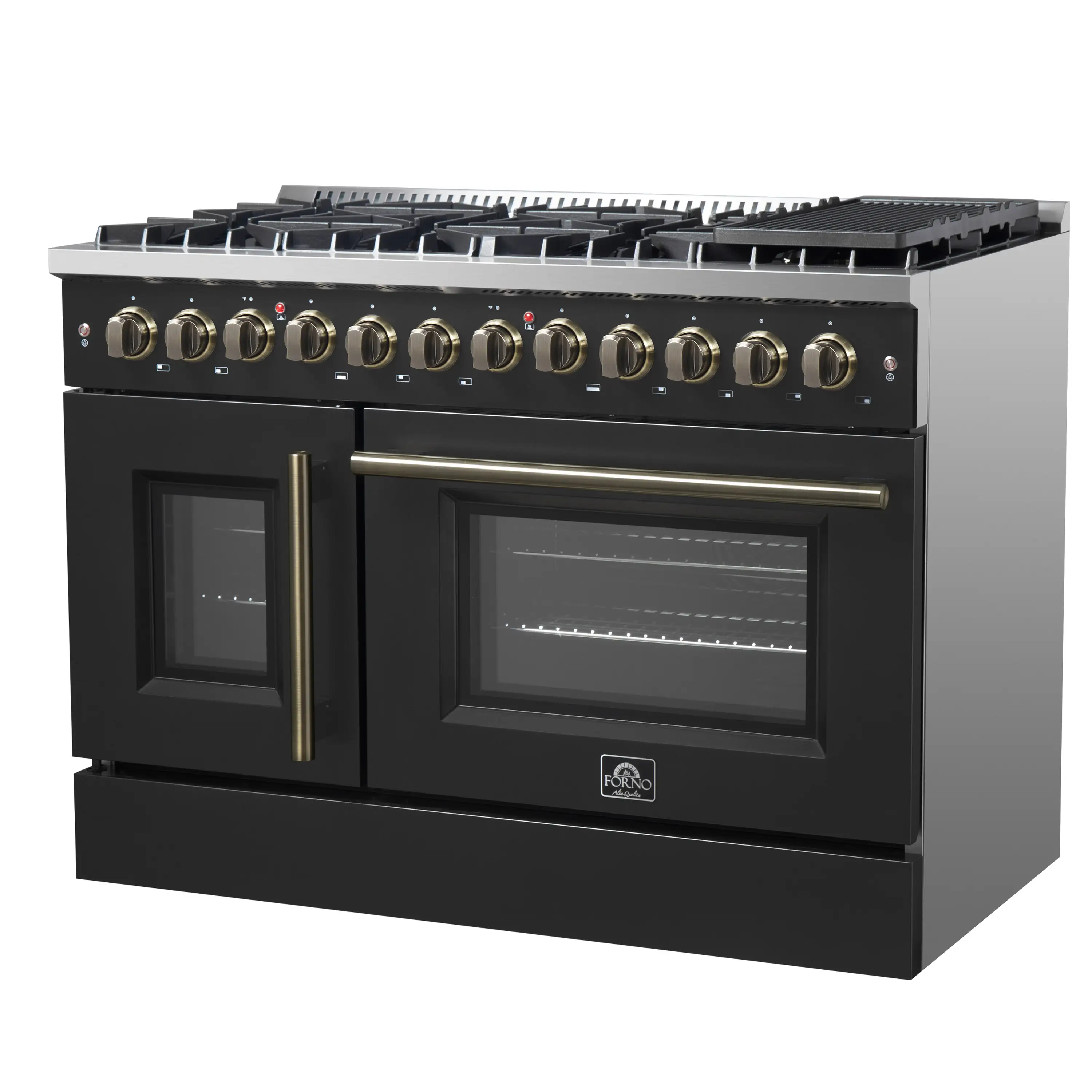 Forno Galiano 48-Inch French Door Dual Fuel Range with 8 Burners and 6.58 Cu. Ft. Electric Convection Oven in Black with Antique Brass Trim (FFSGS6356-48BLK) - Image 3