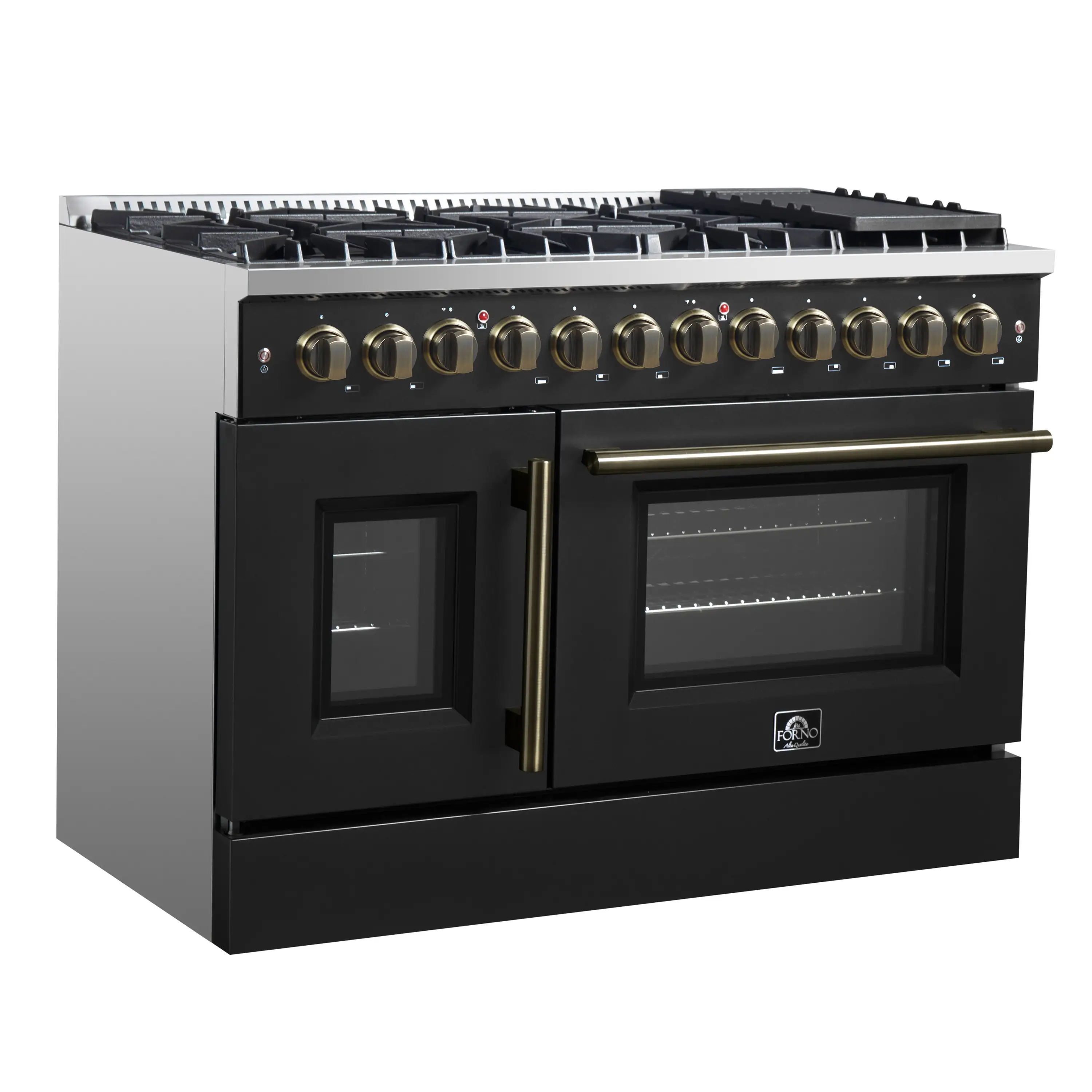 Forno Galiano 48-Inch French Door Dual Fuel Range with 8 Burners and 6.58 Cu. Ft. Electric Convection Oven in Black with Antique Brass Trim (FFSGS6356-48BLK) - Image 4
