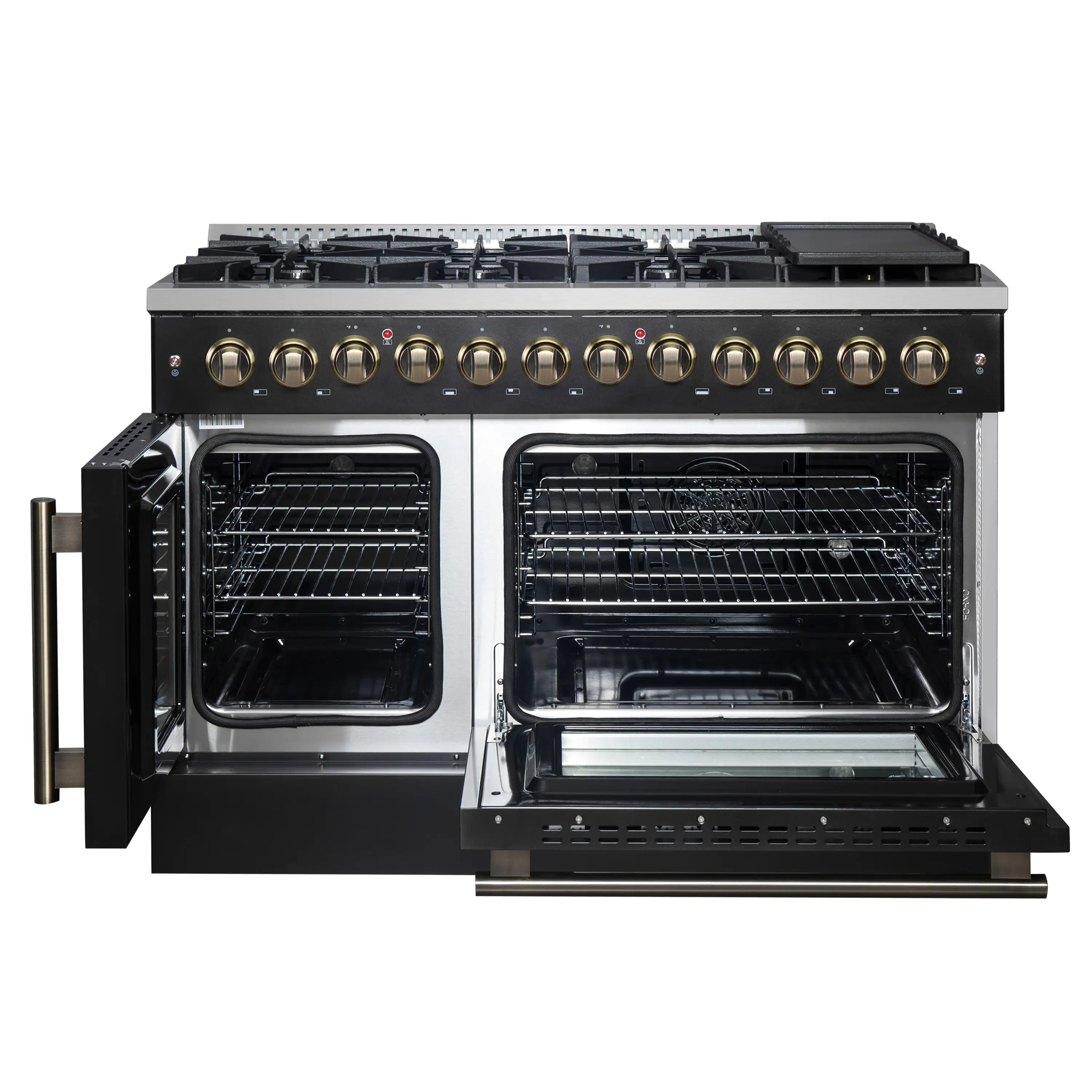 Forno Galiano 48-Inch French Door Dual Fuel Range with 8 Burners and 6.58 Cu. Ft. Electric Convection Oven in Black with Antique Brass Trim (FFSGS6356-48BLK) - Image 5