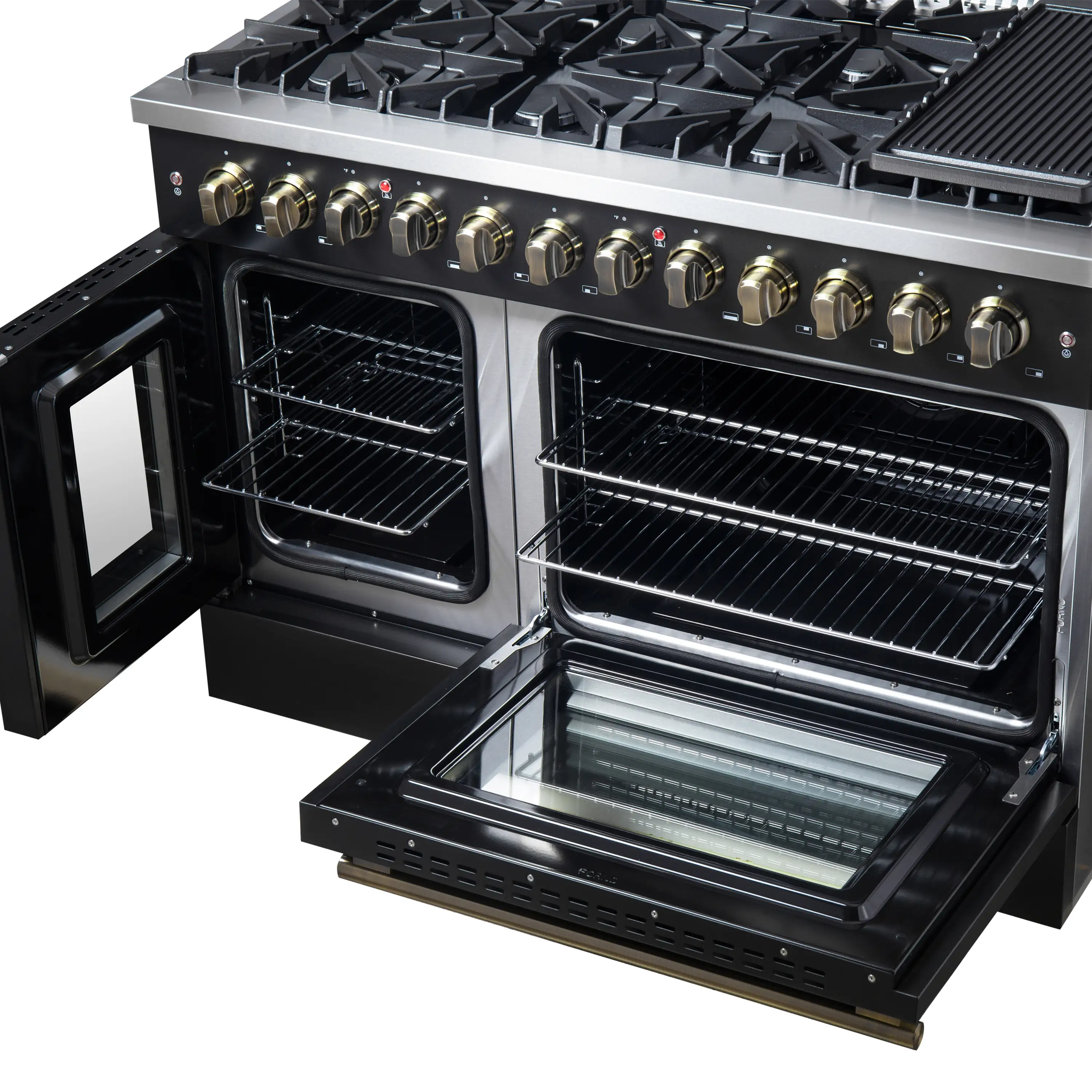 Forno Galiano 48-Inch French Door Dual Fuel Range with 8 Burners and 6.58 Cu. Ft. Electric Convection Oven in Black with Antique Brass Trim (FFSGS6356-48BLK) - Image 6