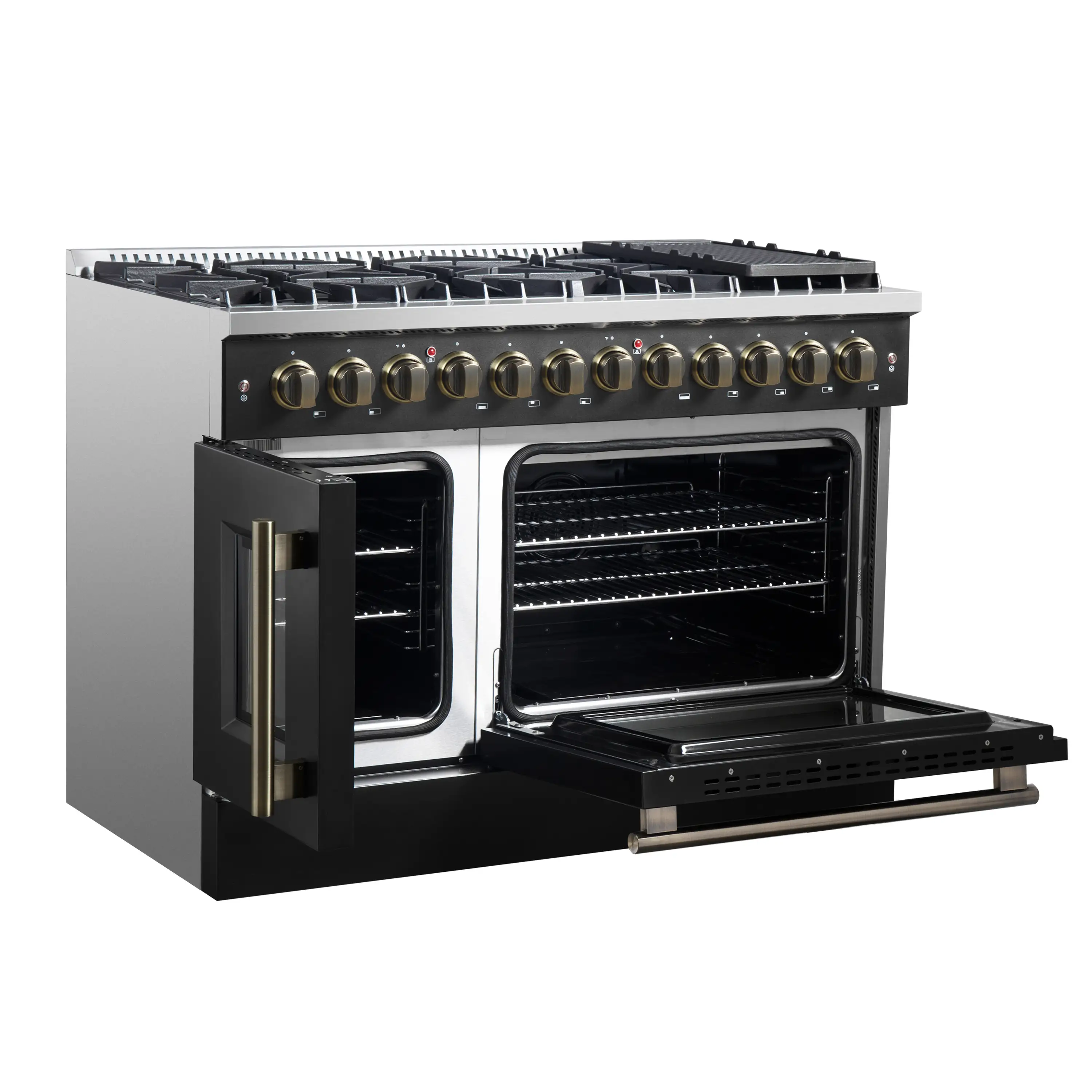 Forno Galiano 48-Inch French Door Dual Fuel Range with 8 Burners and 6.58 Cu. Ft. Electric Convection Oven in Black with Antique Brass Trim (FFSGS6356-48BLK) - Image 7
