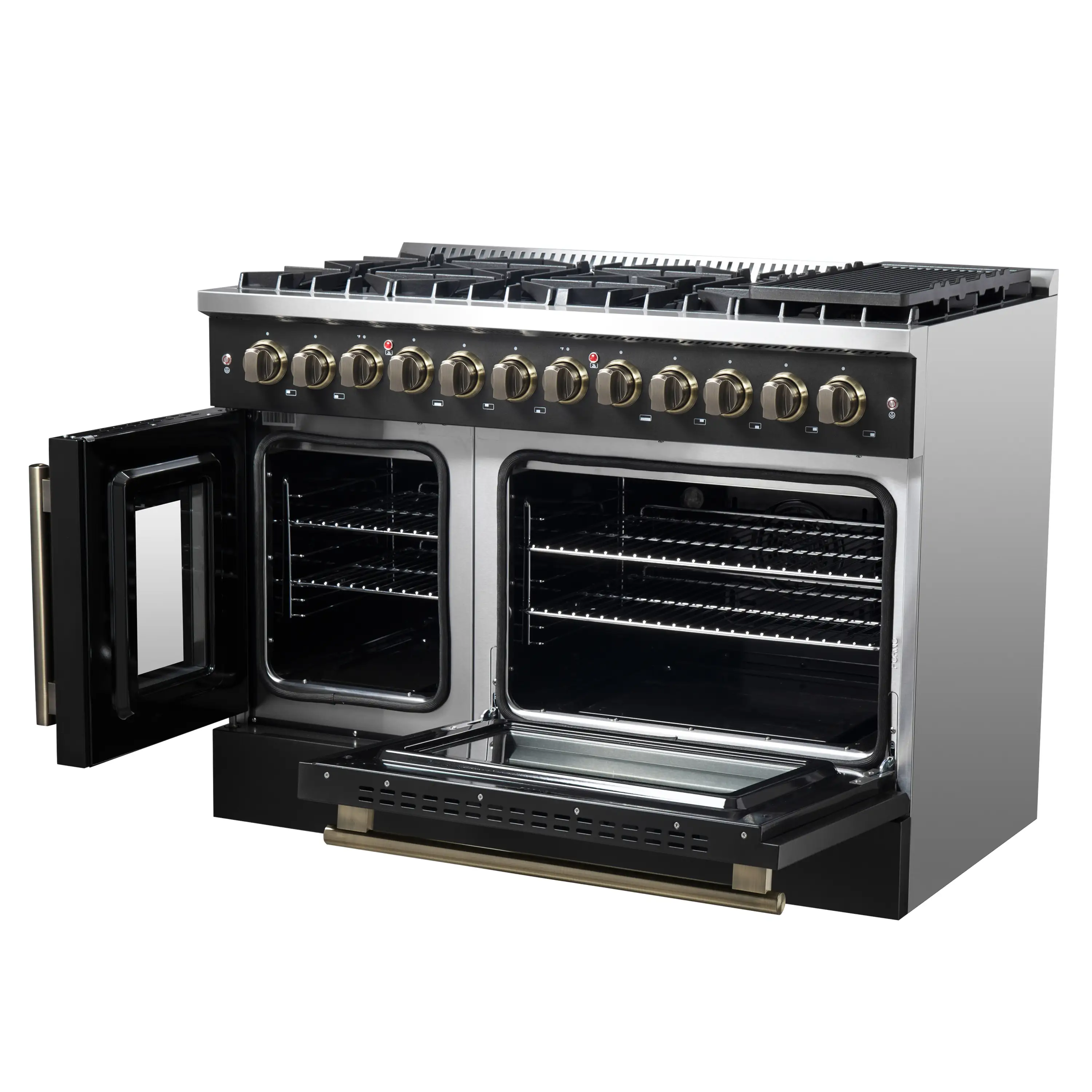 Forno Galiano 48-Inch French Door Dual Fuel Range with 8 Burners and 6.58 Cu. Ft. Electric Convection Oven in Black with Antique Brass Trim (FFSGS6356-48BLK) - Image 8