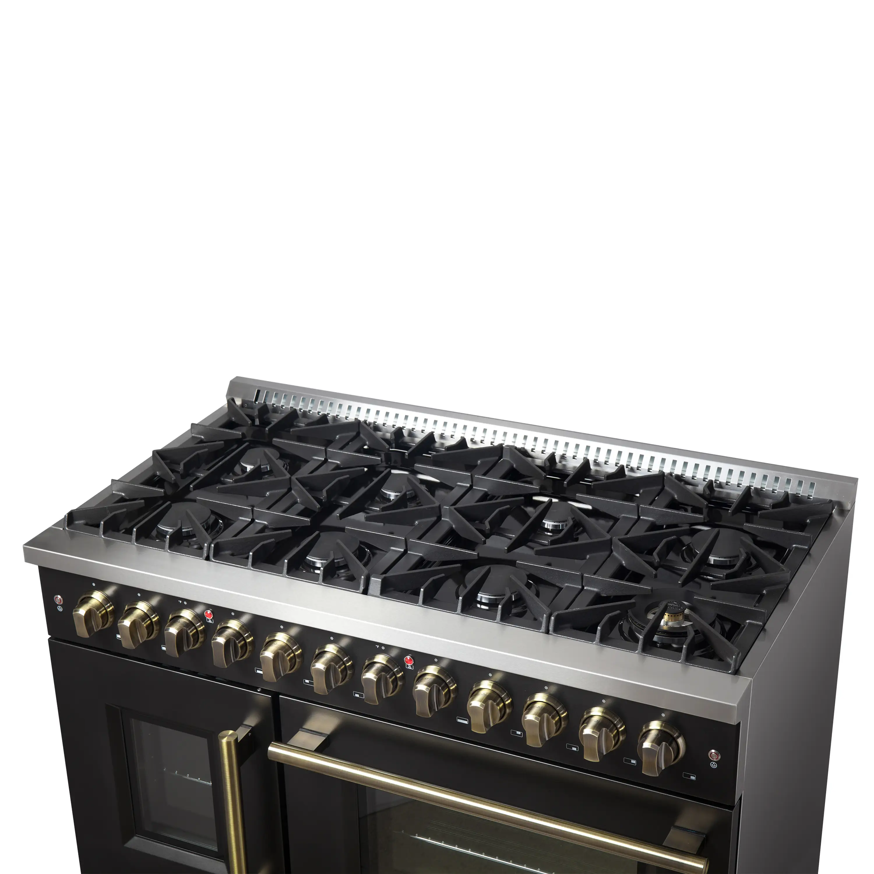 Forno Galiano 48-Inch French Door Dual Fuel Range with 8 Burners and 6.58 Cu. Ft. Electric Convection Oven in Black with Antique Brass Trim (FFSGS6356-48BLK) - Image 9