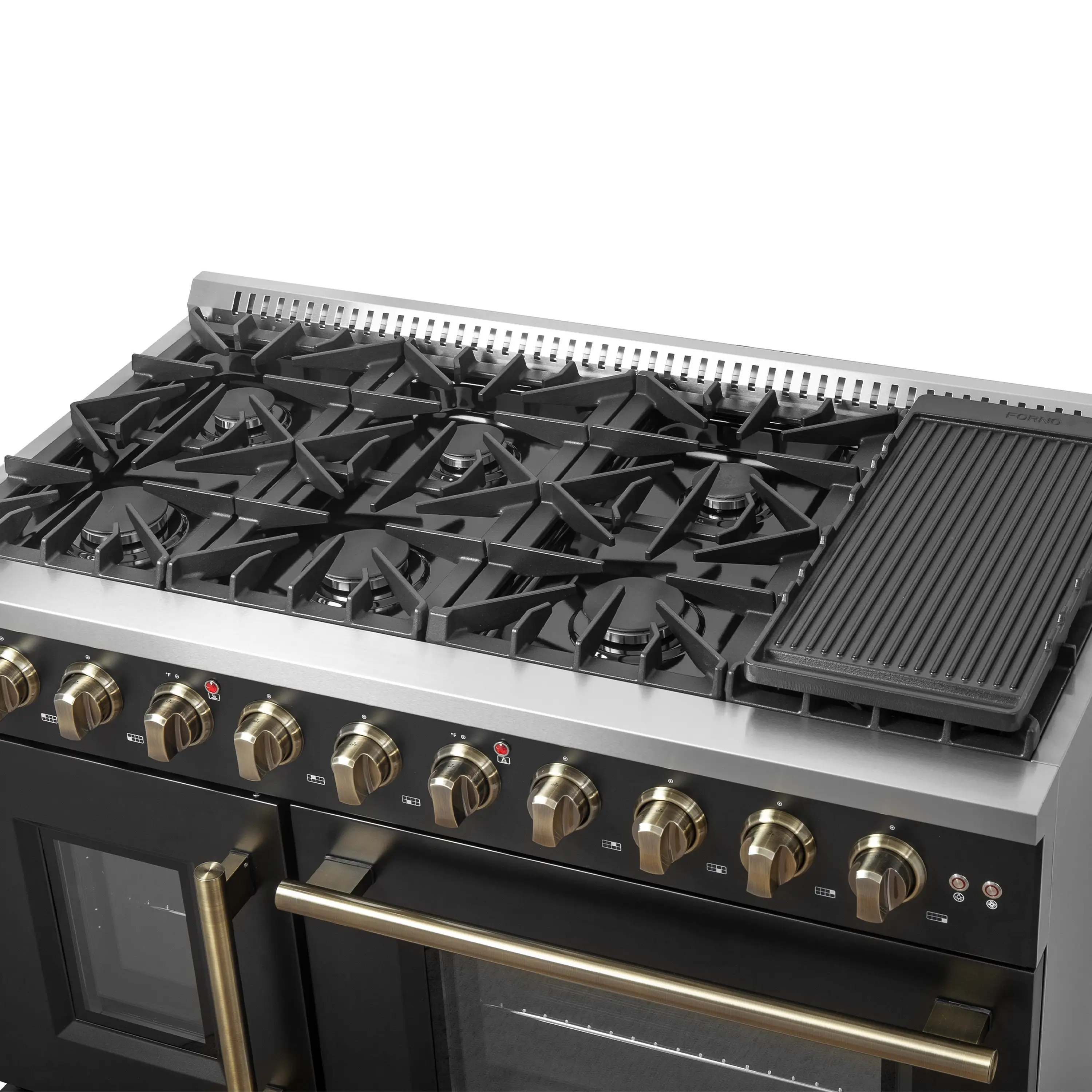 Forno Galiano 48-Inch French Door Gas Range with 8 Burners and 6.58 Cu. Ft. Convection Oven in Black with Antique Brass Trim (FFSGS6444-48BLK) - Image 10