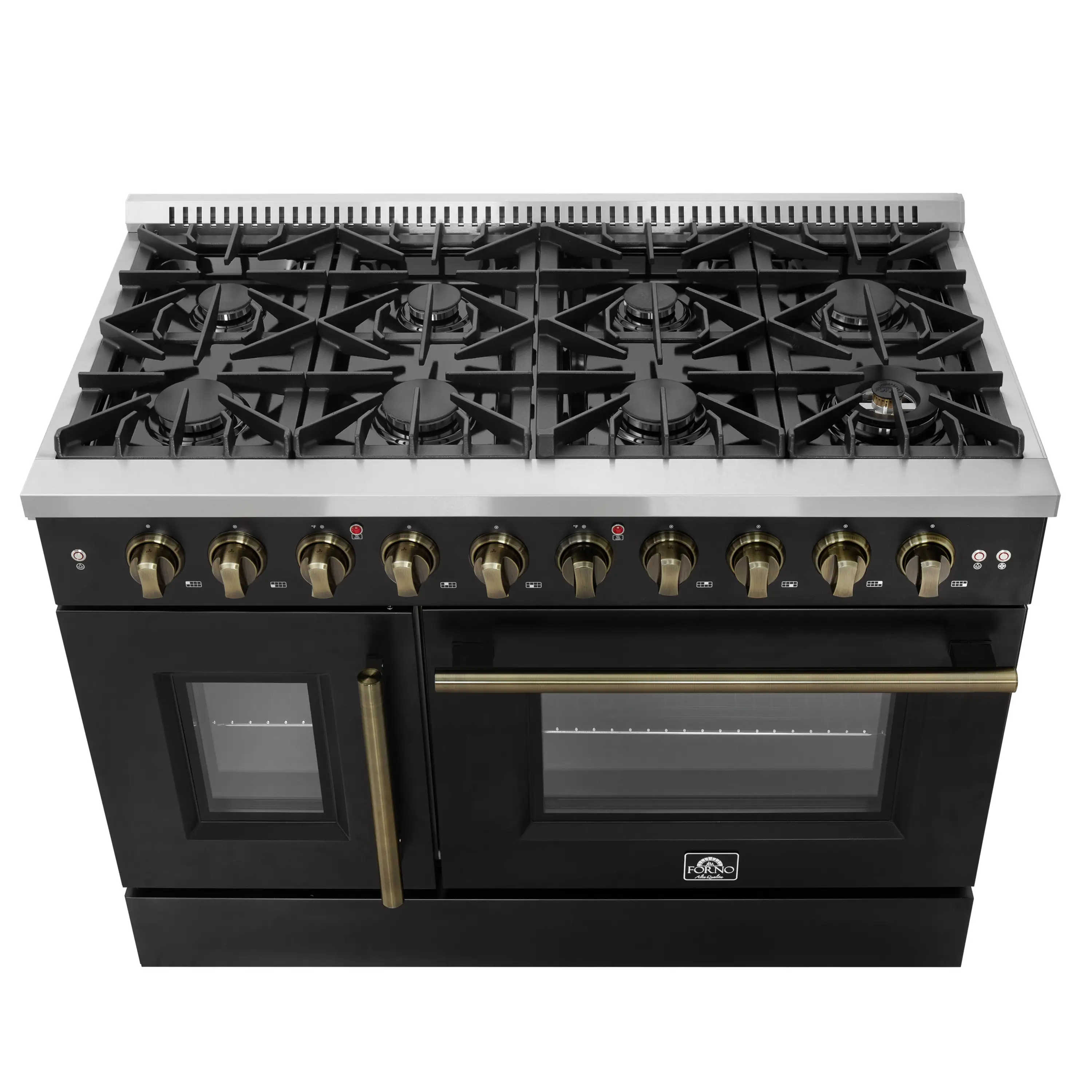 Forno Galiano 48-Inch French Door Gas Range with 8 Burners and 6.58 Cu. Ft. Convection Oven in Black with Antique Brass Trim (FFSGS6444-48BLK) - Image 2