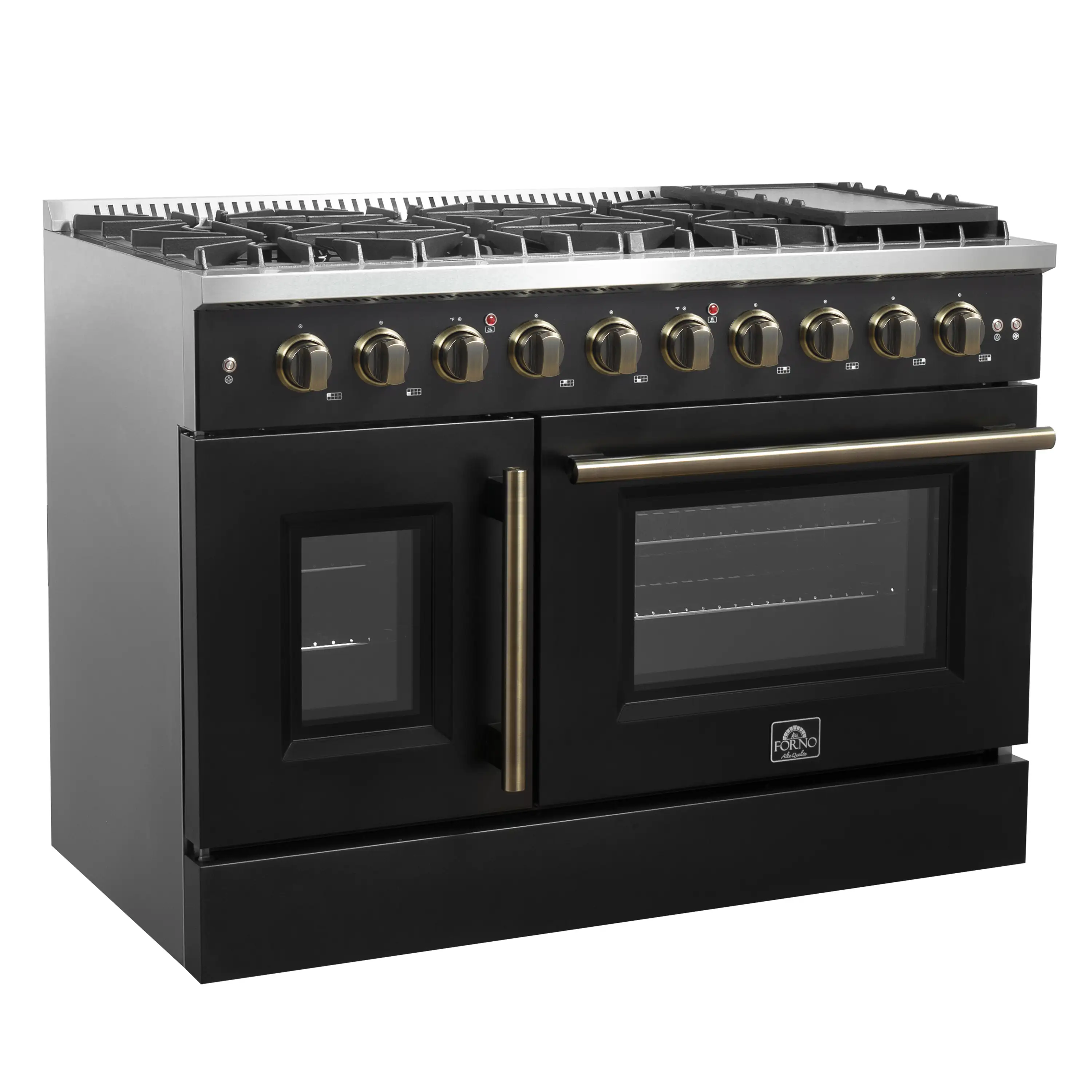 Forno Galiano 48-Inch French Door Gas Range with 8 Burners and 6.58 Cu. Ft. Convection Oven in Black with Antique Brass Trim (FFSGS6444-48BLK) - Image 3