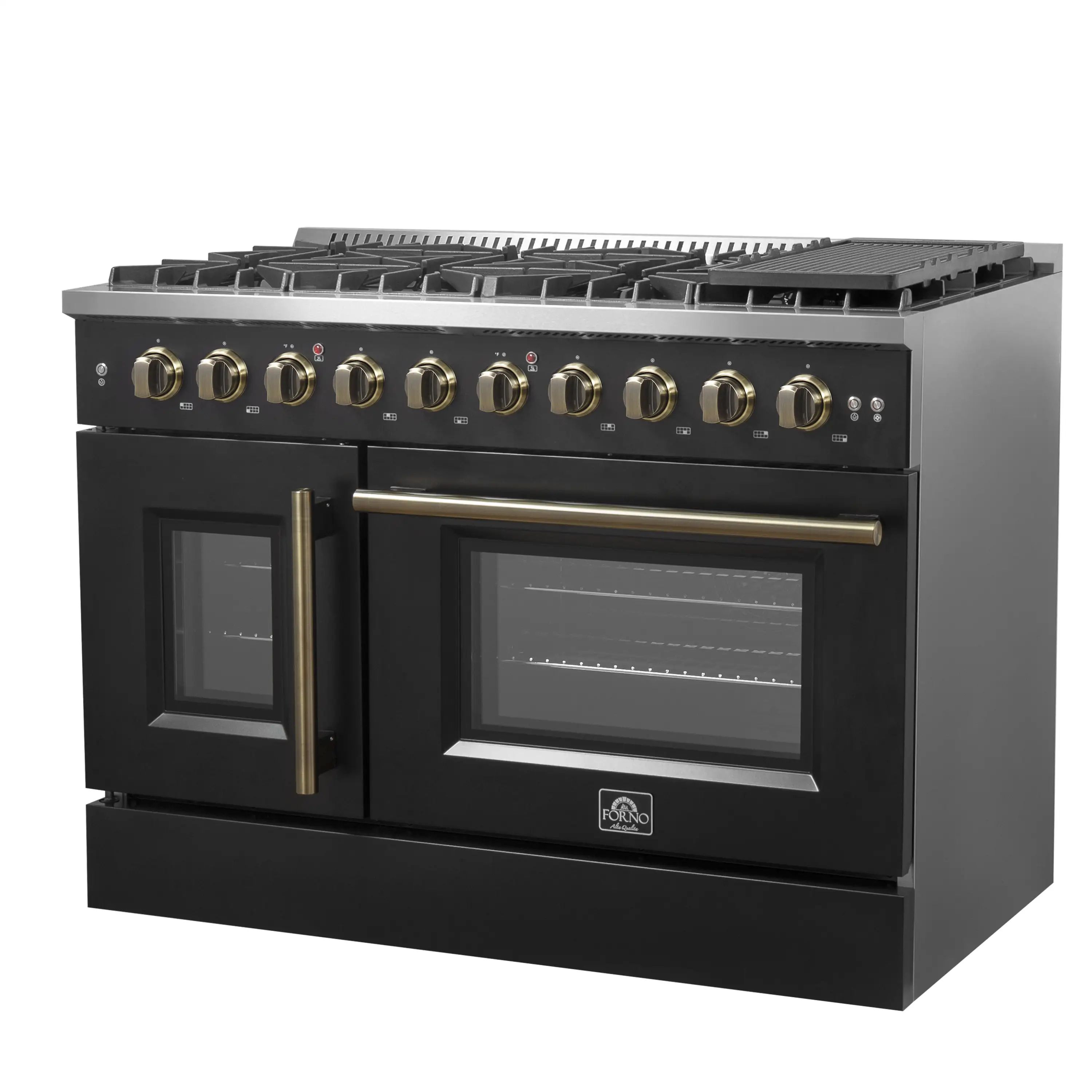 Forno Galiano 48-Inch French Door Gas Range with 8 Burners and 6.58 Cu. Ft. Convection Oven in Black with Antique Brass Trim (FFSGS6444-48BLK) - Image 4