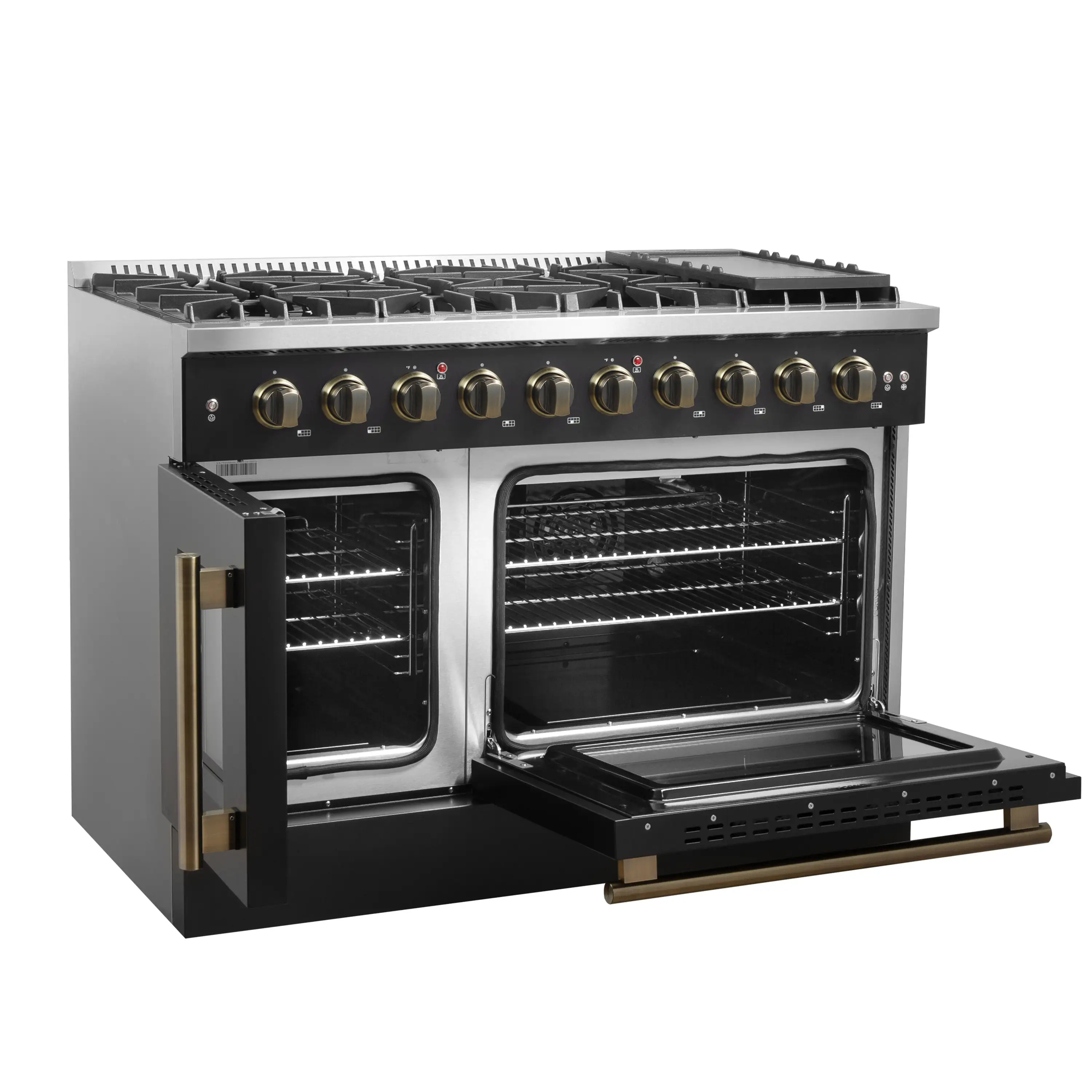 Forno Galiano 48-Inch French Door Gas Range with 8 Burners and 6.58 Cu. Ft. Convection Oven in Black with Antique Brass Trim (FFSGS6444-48BLK) - Image 5