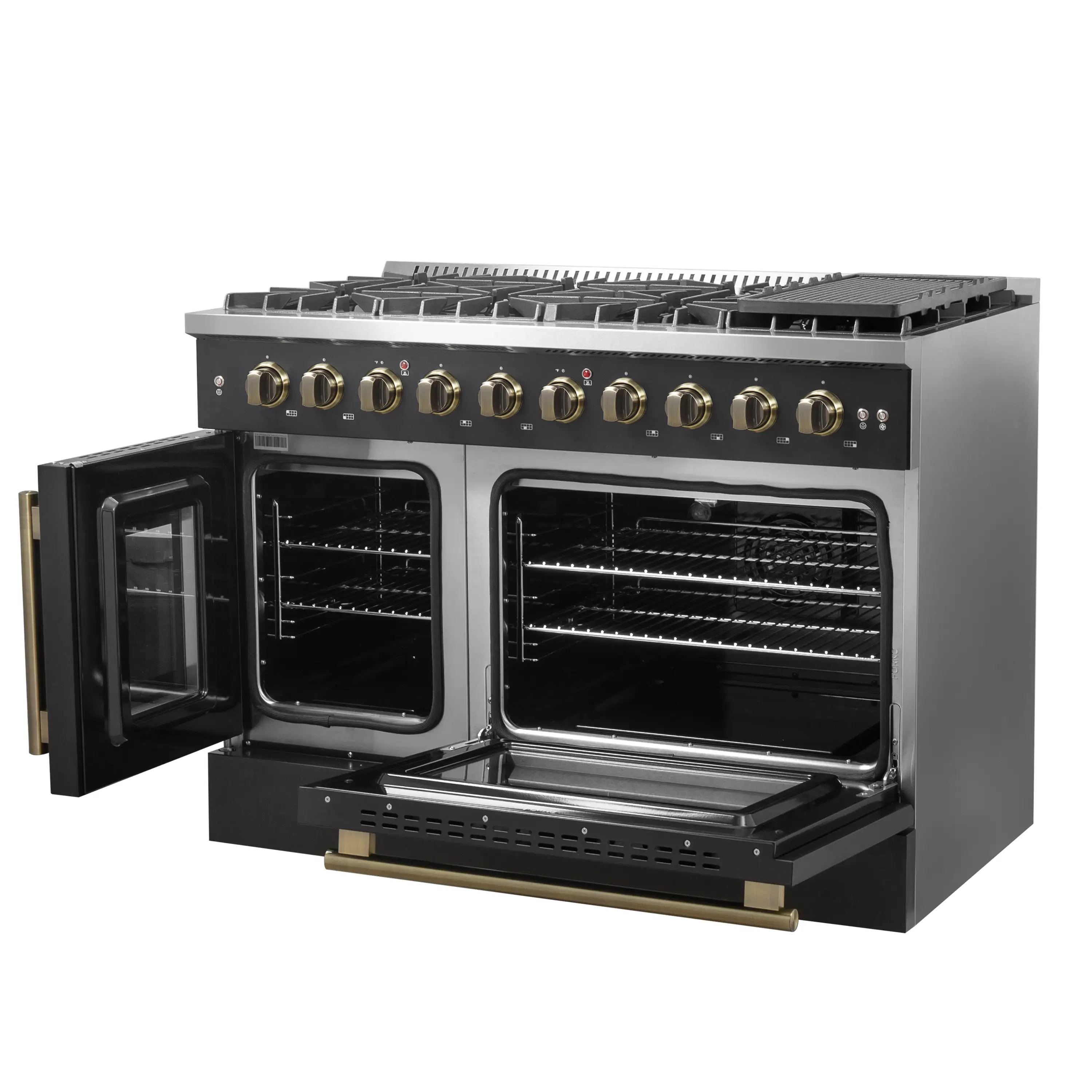 Forno Galiano 48-Inch French Door Gas Range with 8 Burners and 6.58 Cu. Ft. Convection Oven in Black with Antique Brass Trim (FFSGS6444-48BLK) - Image 6