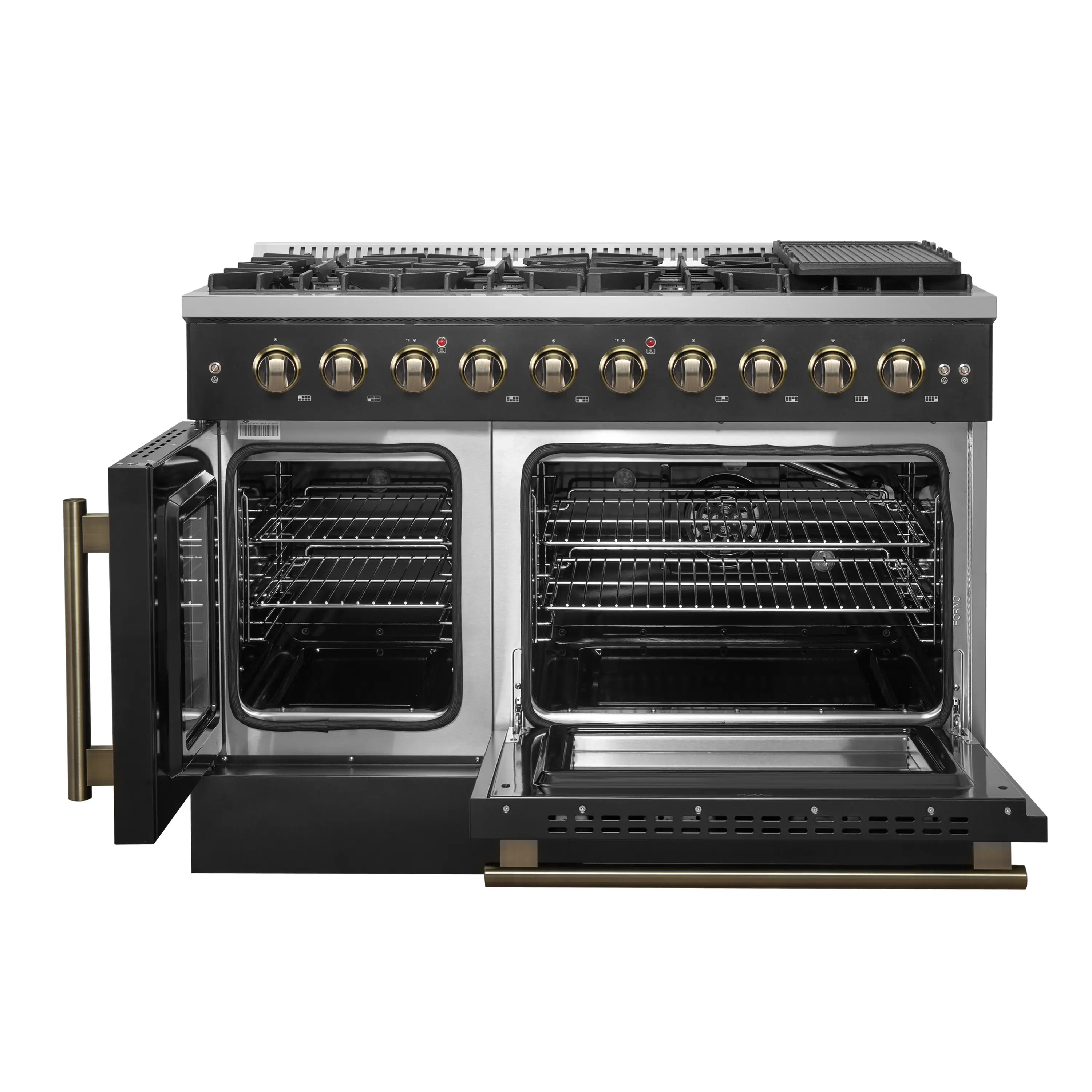 Forno Galiano 48-Inch French Door Gas Range with 8 Burners and 6.58 Cu. Ft. Convection Oven in Black with Antique Brass Trim (FFSGS6444-48BLK) - Image 7