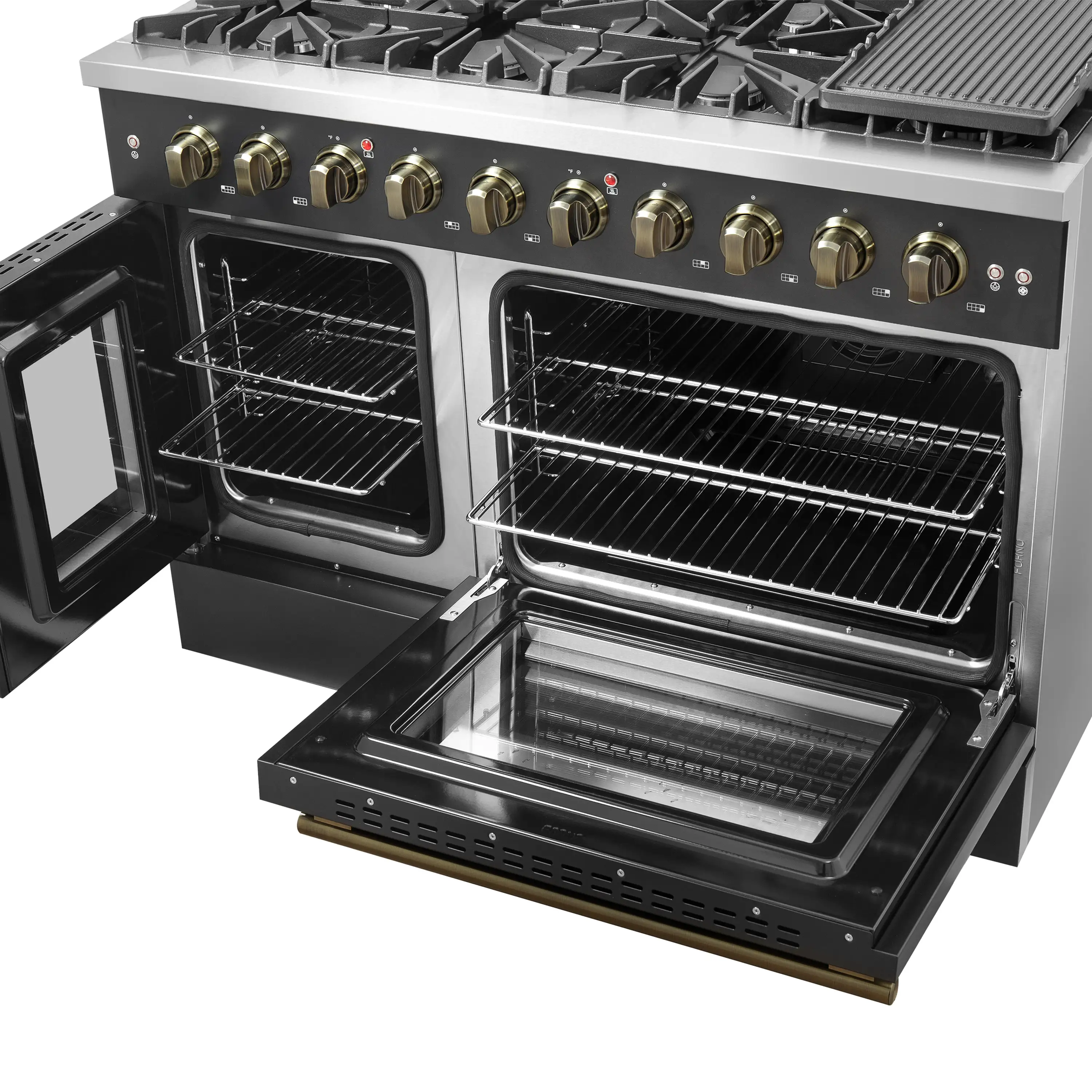 Forno Galiano 48-Inch French Door Gas Range with 8 Burners and 6.58 Cu. Ft. Convection Oven in Black with Antique Brass Trim (FFSGS6444-48BLK) - Image 8