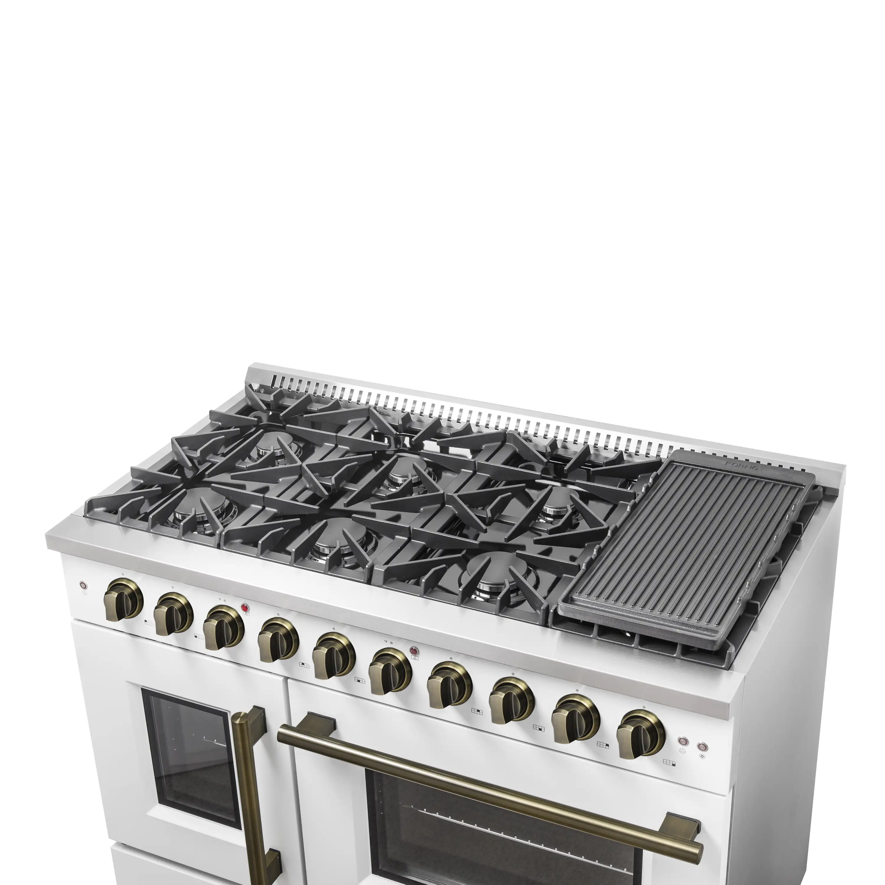Forno Galiano 48-Inch French Door Gas Range with 8 Burners and 6.58 Cu. Ft. Convection Oven in White with Antique Brass Trim (FFSGS6444-48WHT) - Image 10
