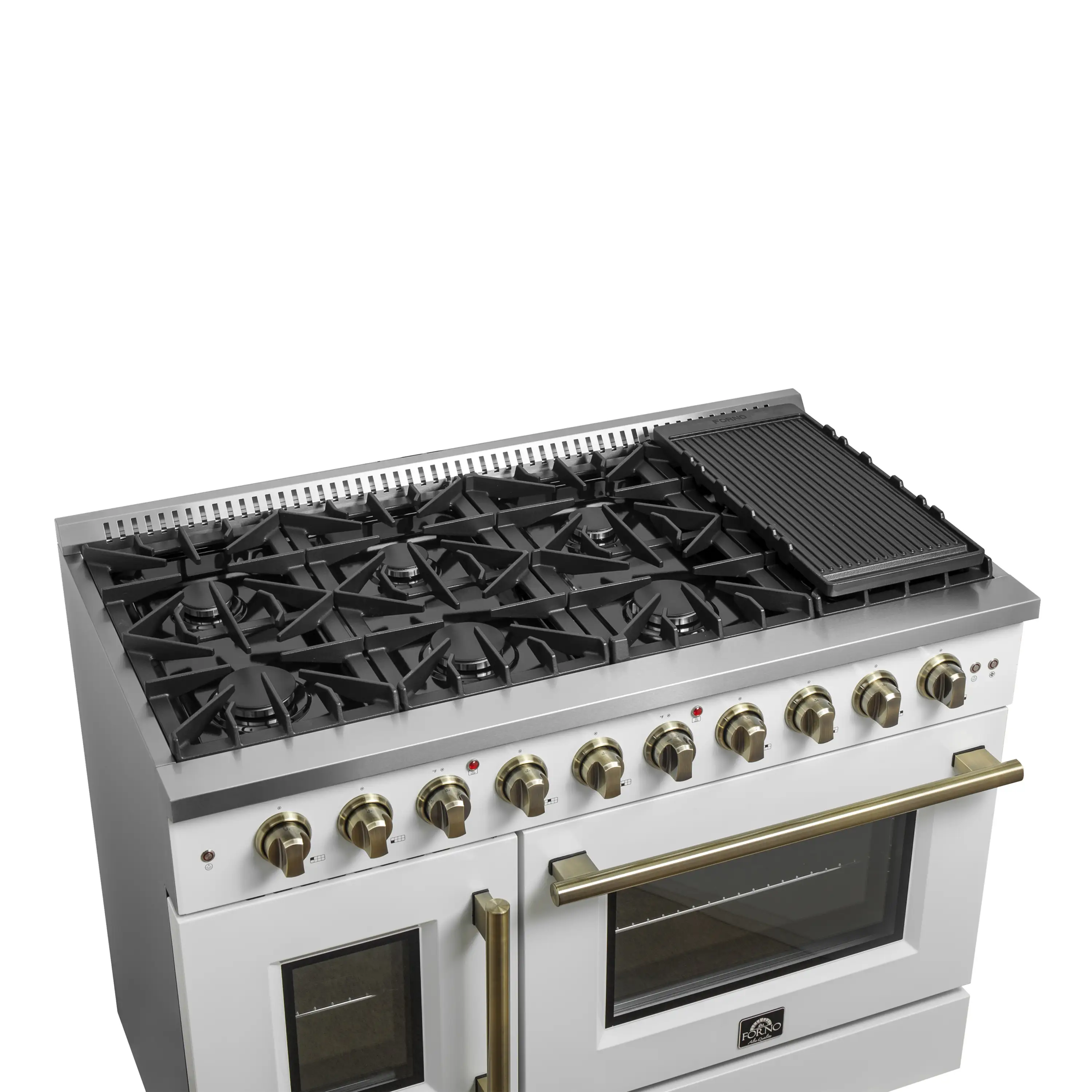 Forno Galiano 48-Inch French Door Gas Range with 8 Burners and 6.58 Cu. Ft. Convection Oven in White with Antique Brass Trim (FFSGS6444-48WHT) - Image 11