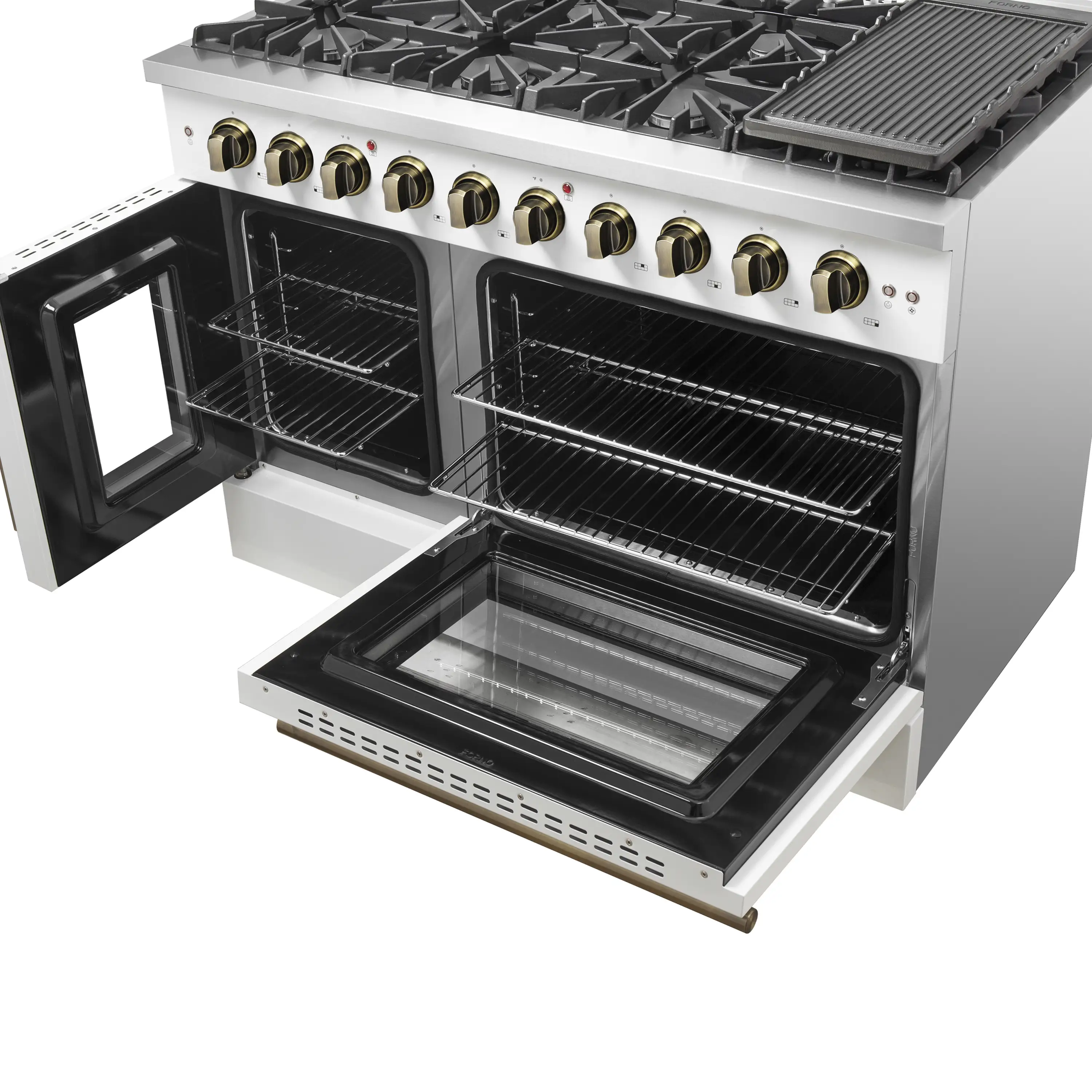 Forno Galiano 48-Inch French Door Gas Range with 8 Burners and 6.58 Cu. Ft. Convection Oven in White with Antique Brass Trim (FFSGS6444-48WHT) - Image 14