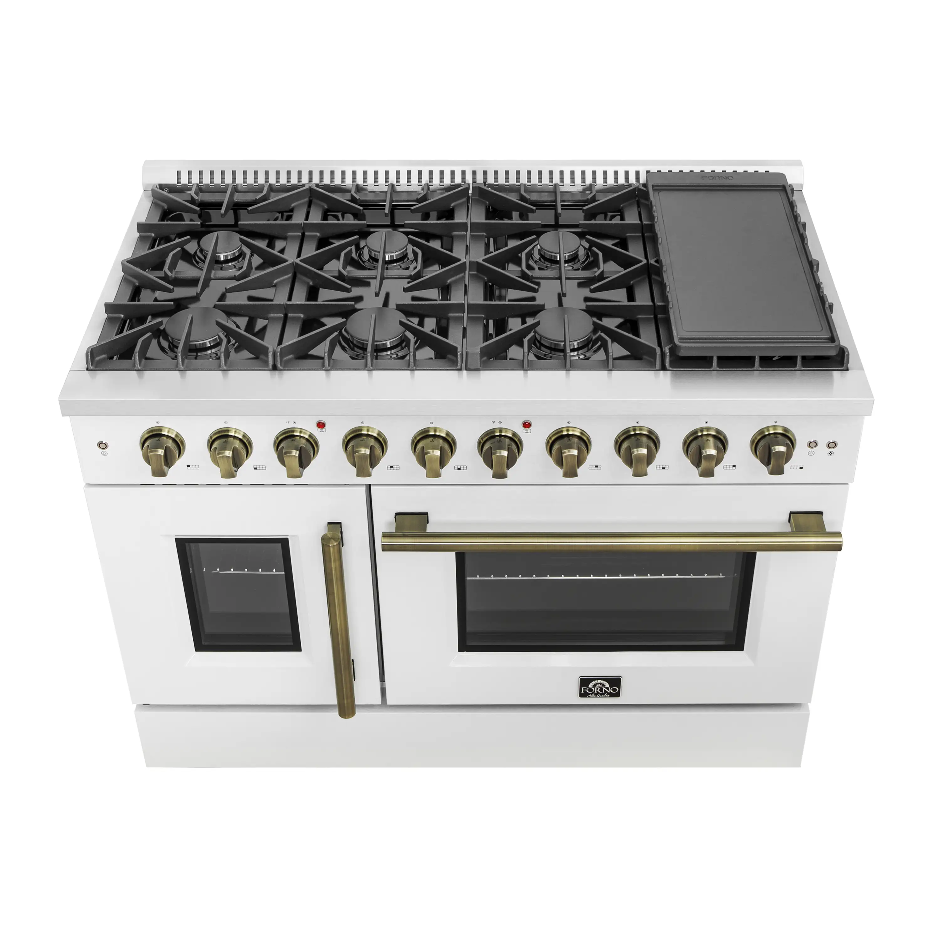 Forno Galiano 48-Inch French Door Gas Range with 8 Burners and 6.58 Cu. Ft. Convection Oven in White with Antique Brass Trim (FFSGS6444-48WHT) - Image 2