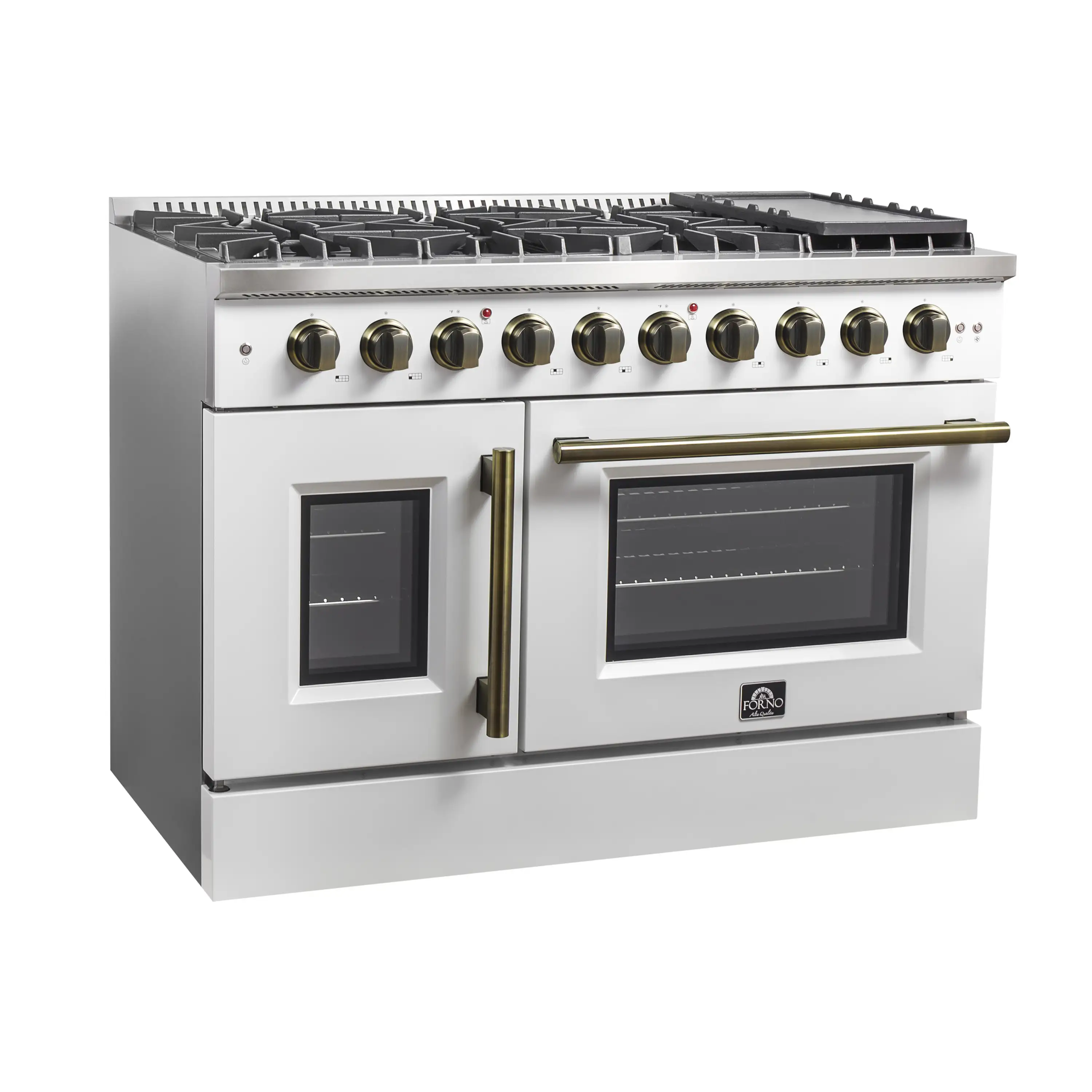 Forno Galiano 48-Inch French Door Gas Range with 8 Burners and 6.58 Cu. Ft. Convection Oven in White with Antique Brass Trim (FFSGS6444-48WHT) - Image 3