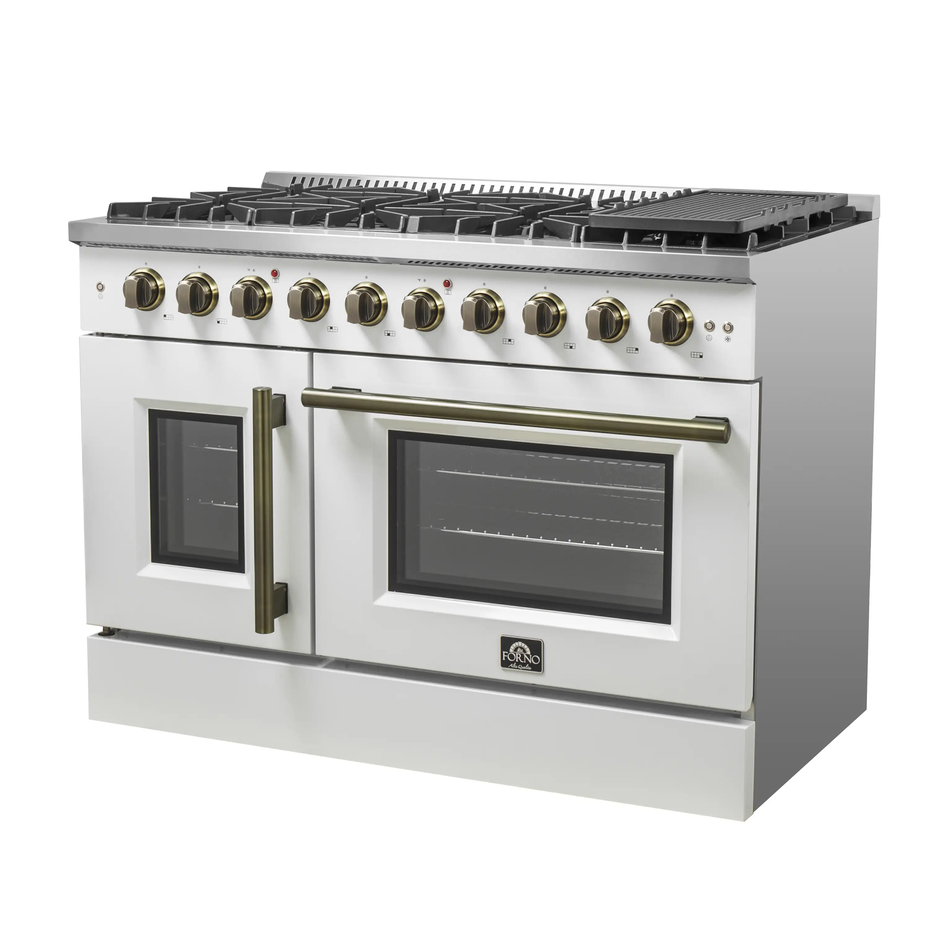 Forno Galiano 48-Inch French Door Gas Range with 8 Burners and 6.58 Cu. Ft. Convection Oven in White with Antique Brass Trim (FFSGS6444-48WHT) - Image 4
