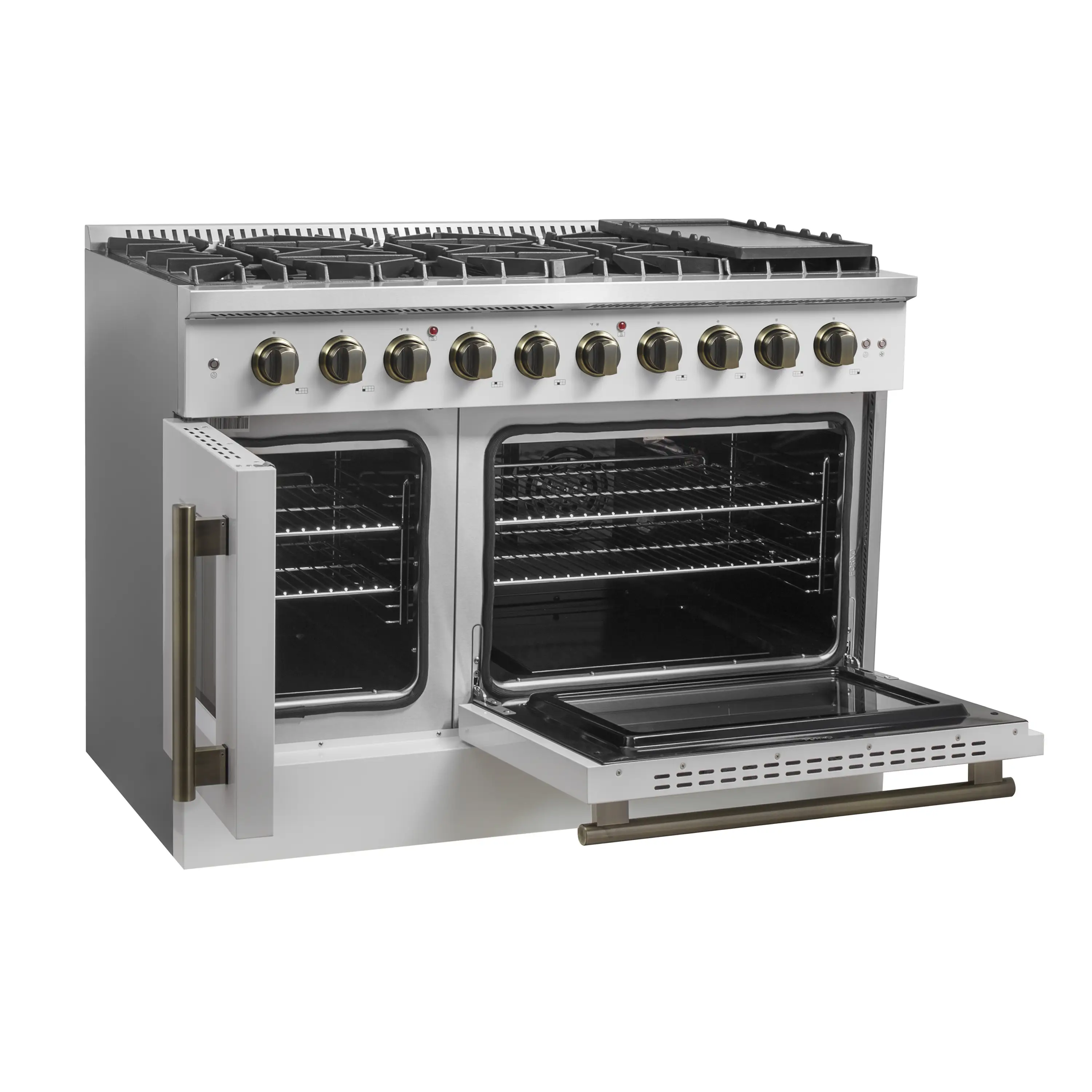 Forno Galiano 48-Inch French Door Gas Range with 8 Burners and 6.58 Cu. Ft. Convection Oven in White with Antique Brass Trim (FFSGS6444-48WHT) - Image 7