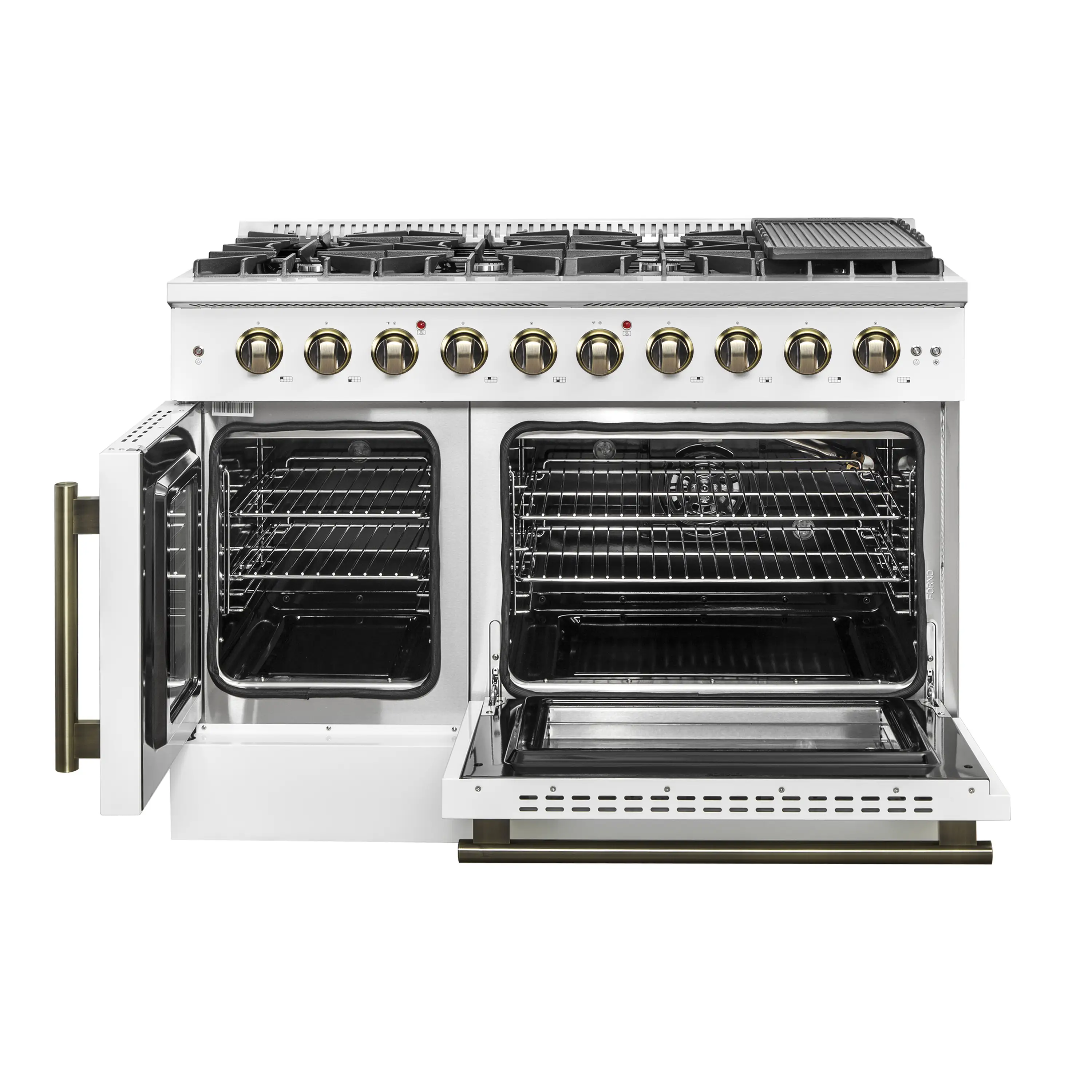 Forno Galiano 48-Inch French Door Gas Range with 8 Burners and 6.58 Cu. Ft. Convection Oven in White with Antique Brass Trim (FFSGS6444-48WHT) - Image 8
