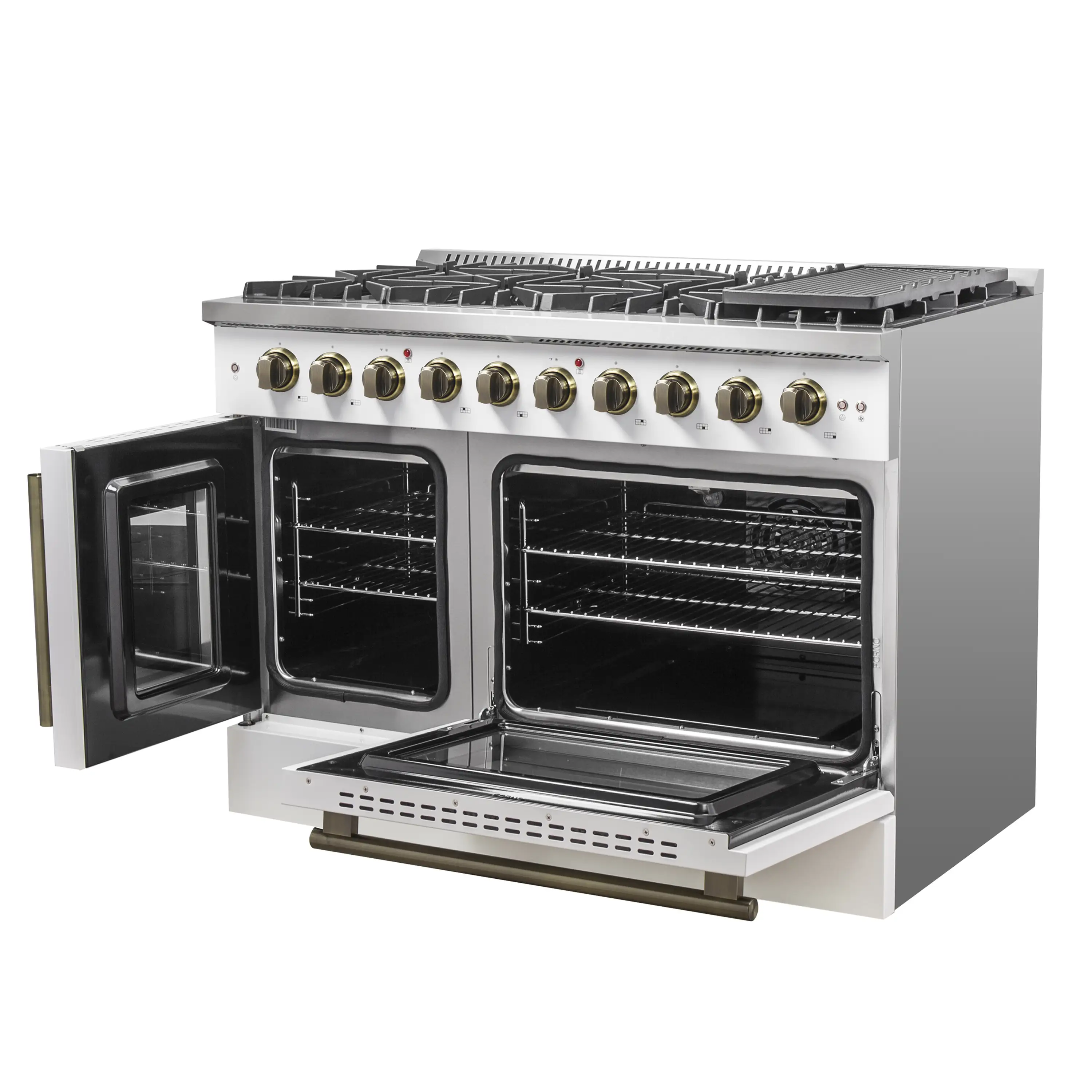 Forno Galiano 48-Inch French Door Gas Range with 8 Burners and 6.58 Cu. Ft. Convection Oven in White with Antique Brass Trim (FFSGS6444-48WHT) - Image 9