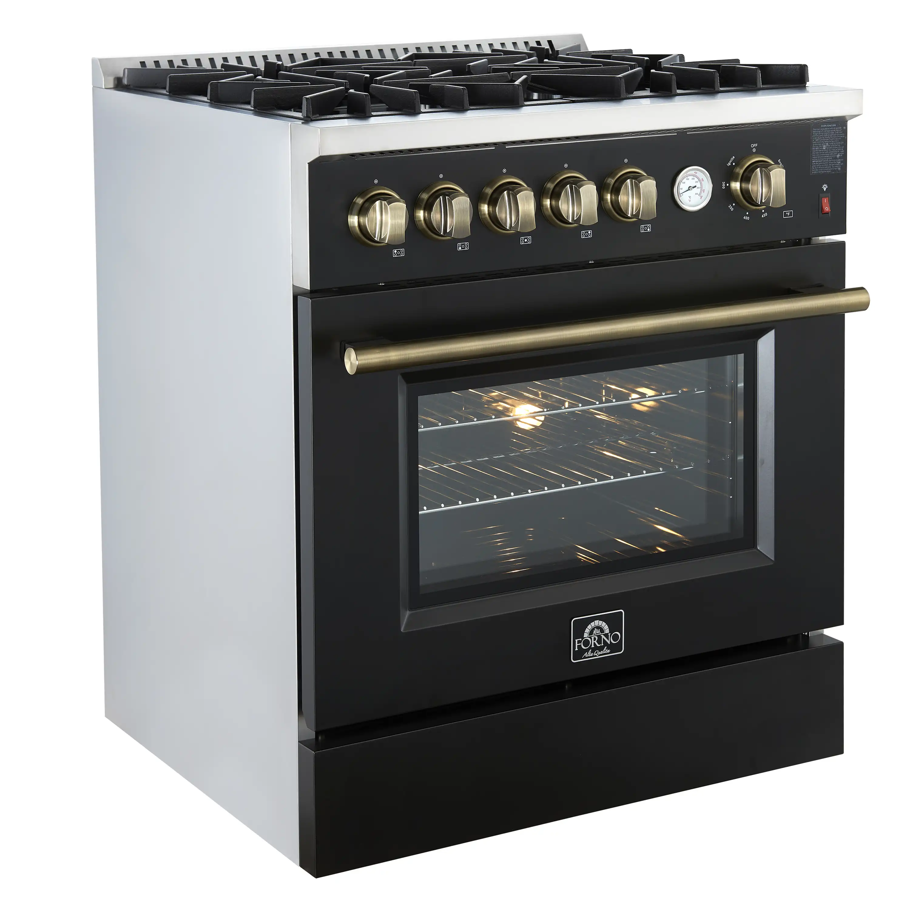 Forno Giovanni 30-Inch Gas Range with 5 Burners and 4.32 Cu.Ft. Convection Gas Oven with Temperature Gauge in Black with Antique Brass Trim (FFSGS6274-30BLK) - Image 2