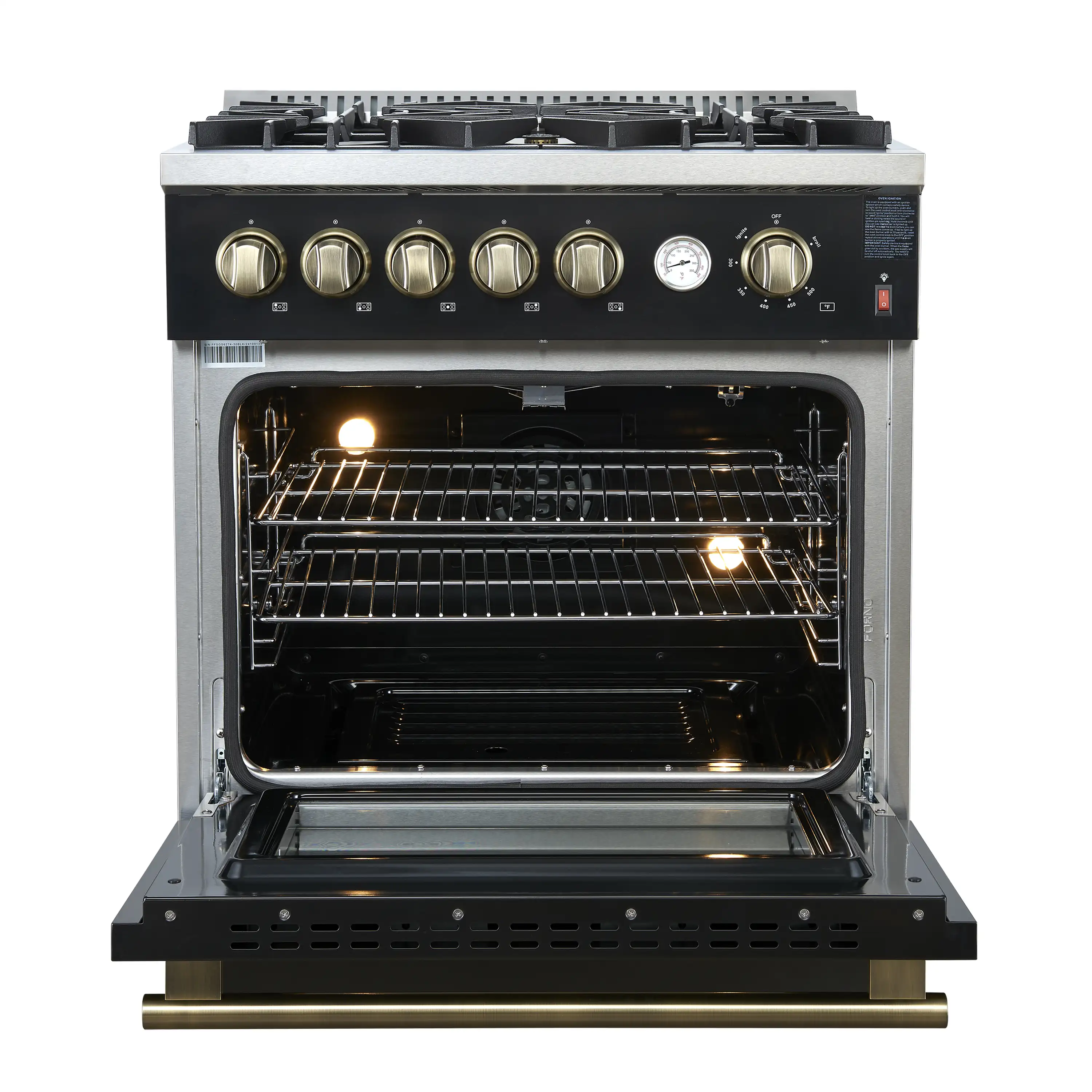 Forno Giovanni 30-Inch Gas Range with 5 Burners and 4.32 Cu.Ft. Convection Gas Oven with Temperature Gauge in Black with Antique Brass Trim (FFSGS6274-30BLK) - Image 4