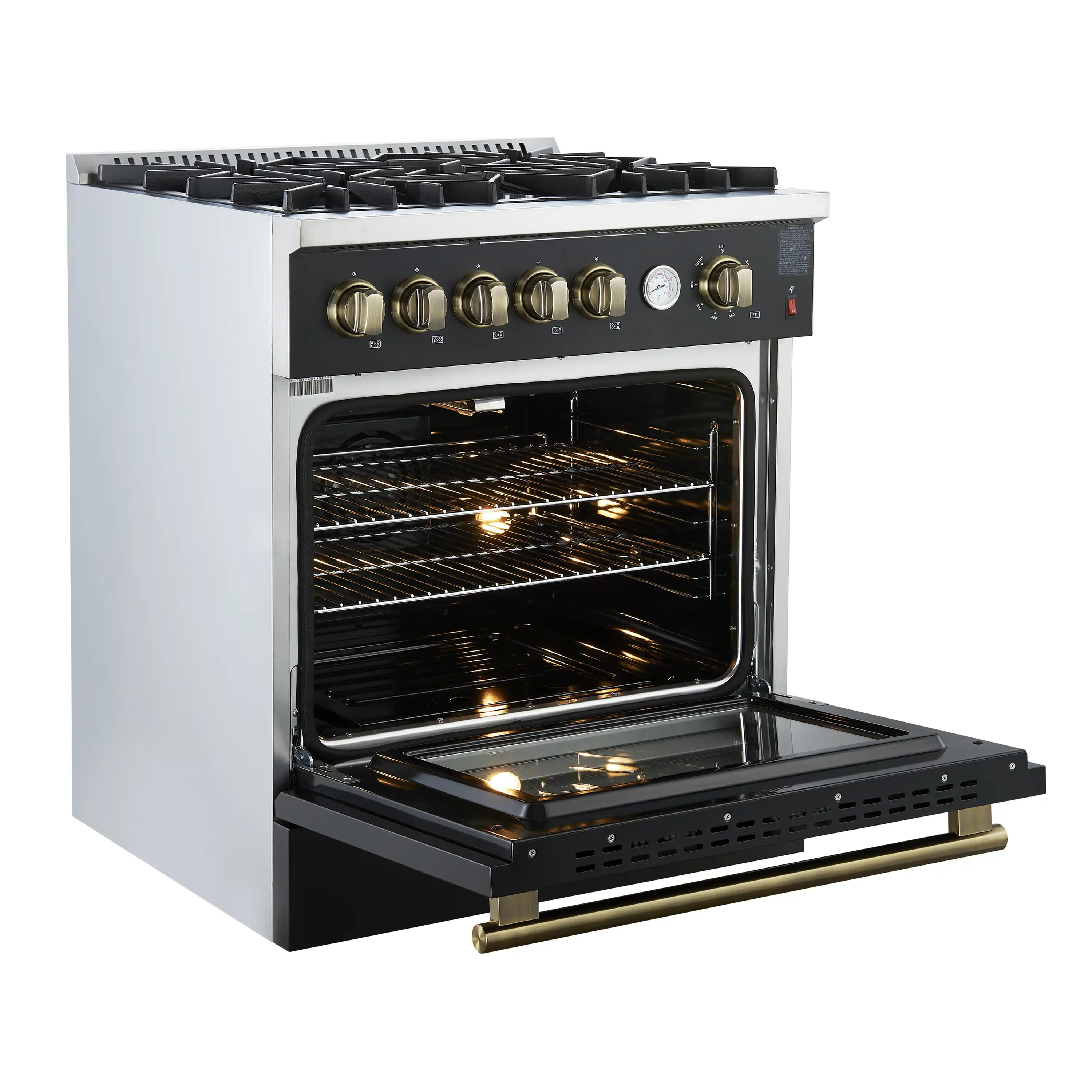 Forno Giovanni 30-Inch Gas Range with 5 Burners and 4.32 Cu.Ft. Convection Gas Oven with Temperature Gauge in Black with Antique Brass Trim (FFSGS6274-30BLK) - Image 5