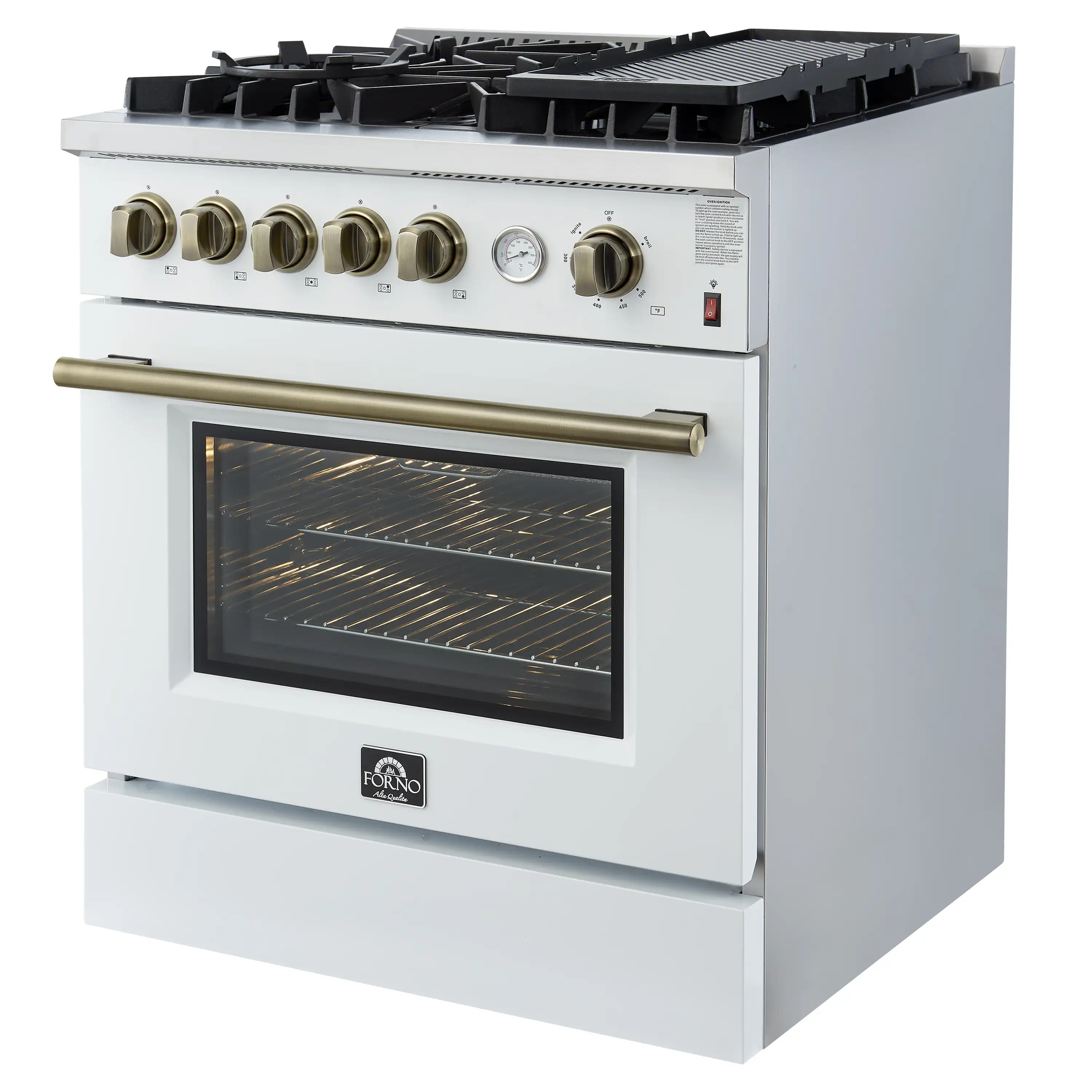 Forno Giovanni 30-Inch Gas Range with 5 Burners and 4.32 Cu.Ft. Convection Gas Oven with Temperature Gauge in White with Antique Brass Trim (FFSGS6274-30WHT) - Image 2
