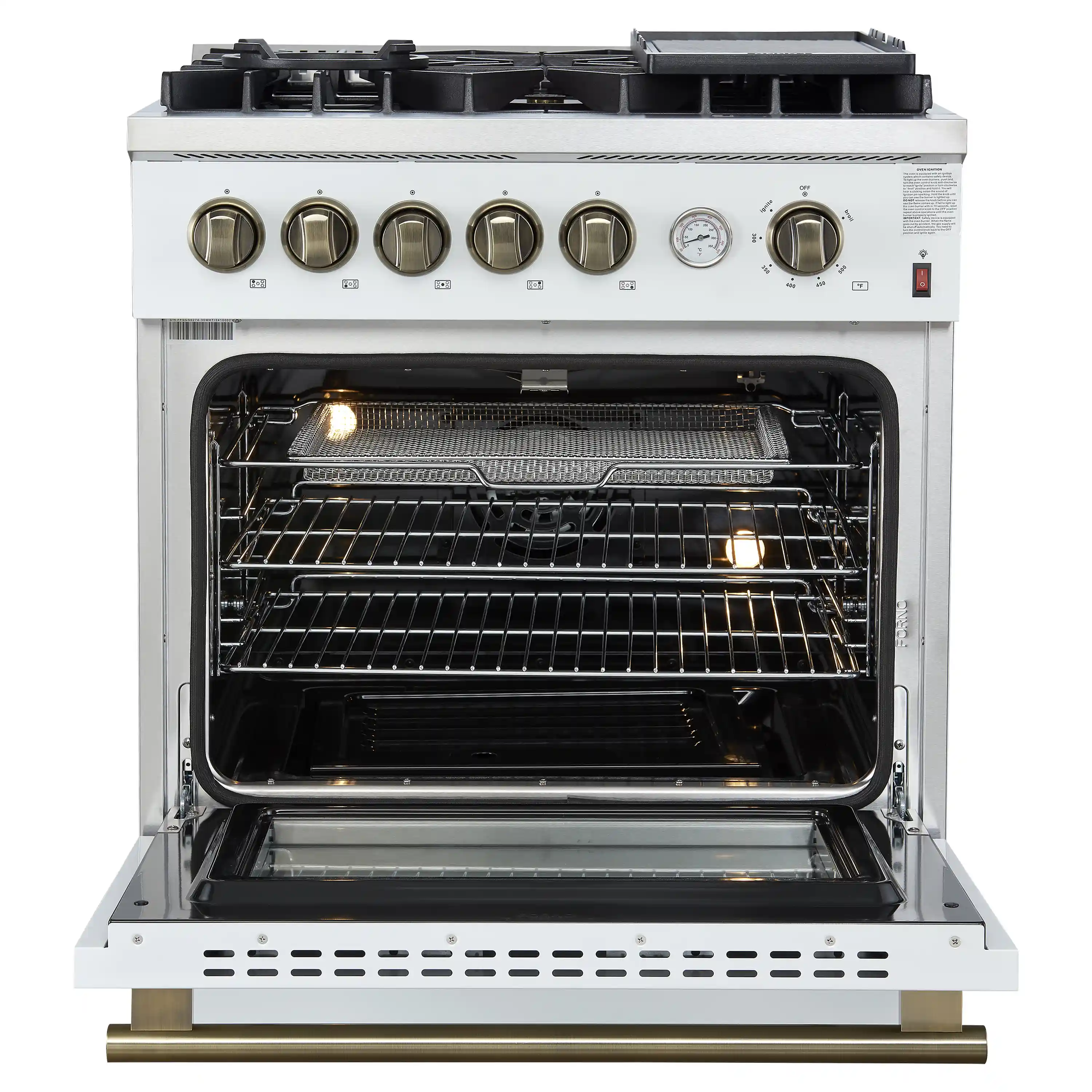 Forno Giovanni 30-Inch Gas Range with 5 Burners and 4.32 Cu.Ft. Convection Gas Oven with Temperature Gauge in White with Antique Brass Trim (FFSGS6274-30WHT) - Image 3