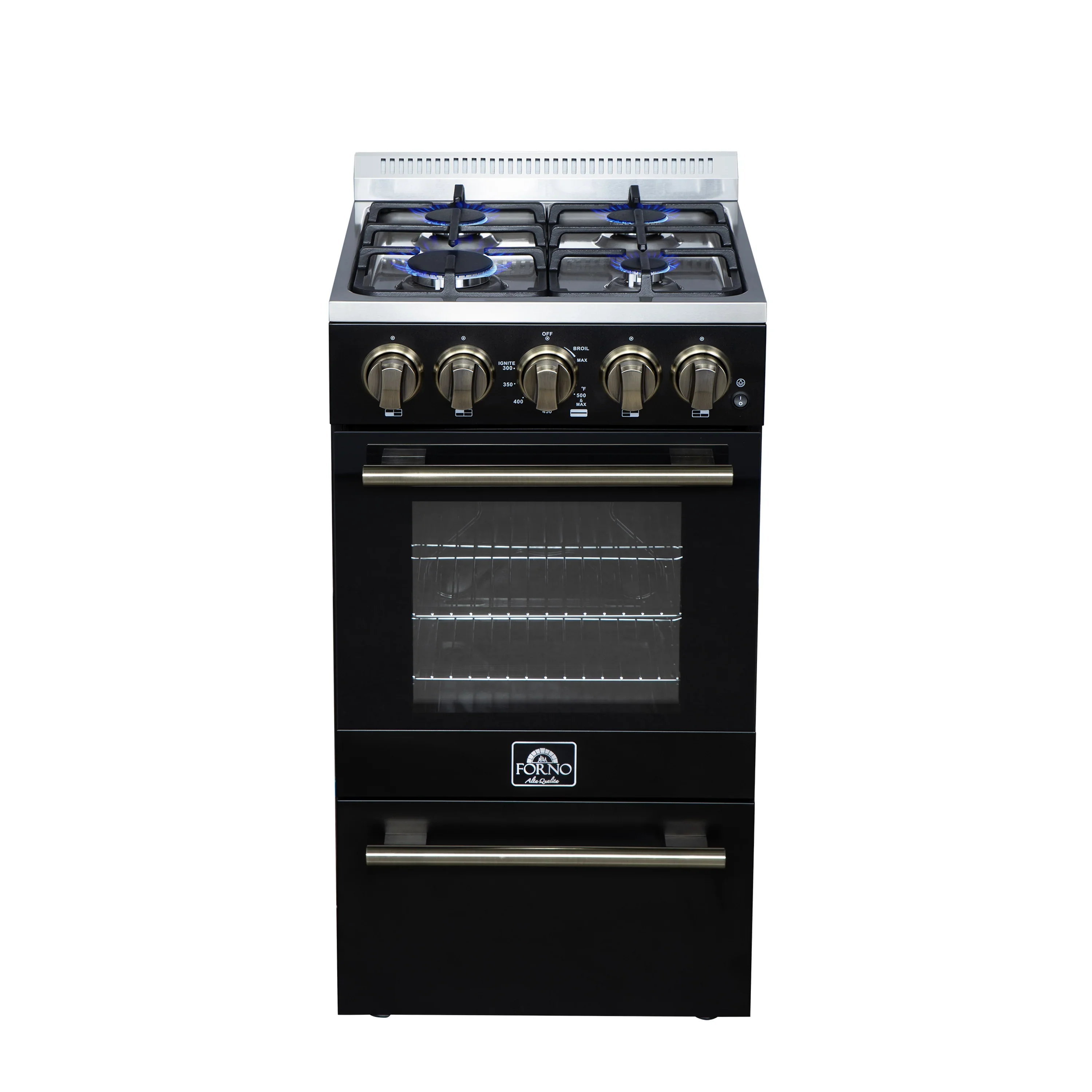 Forno Lamazze 20-Inch Freestanding Gas Range in Black with Antique Brass Trim (FFSGS6265-20BLK) - Image 2