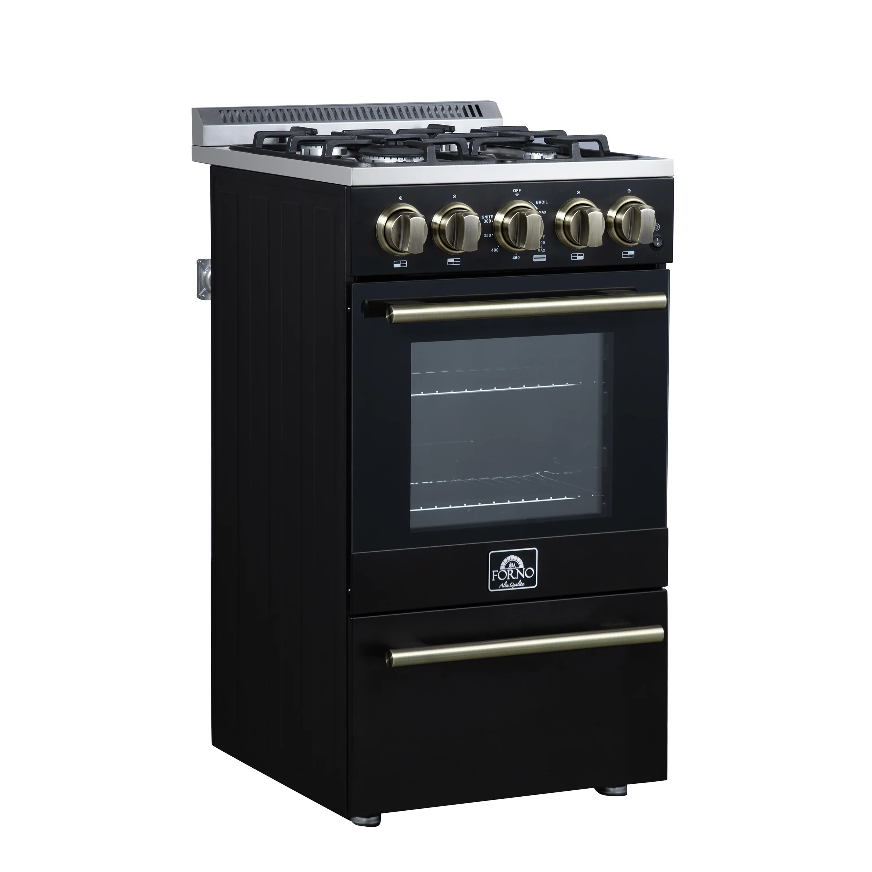 Forno Lamazze 20-Inch Freestanding Gas Range in Black with Antique Brass Trim (FFSGS6265-20BLK) - Image 3