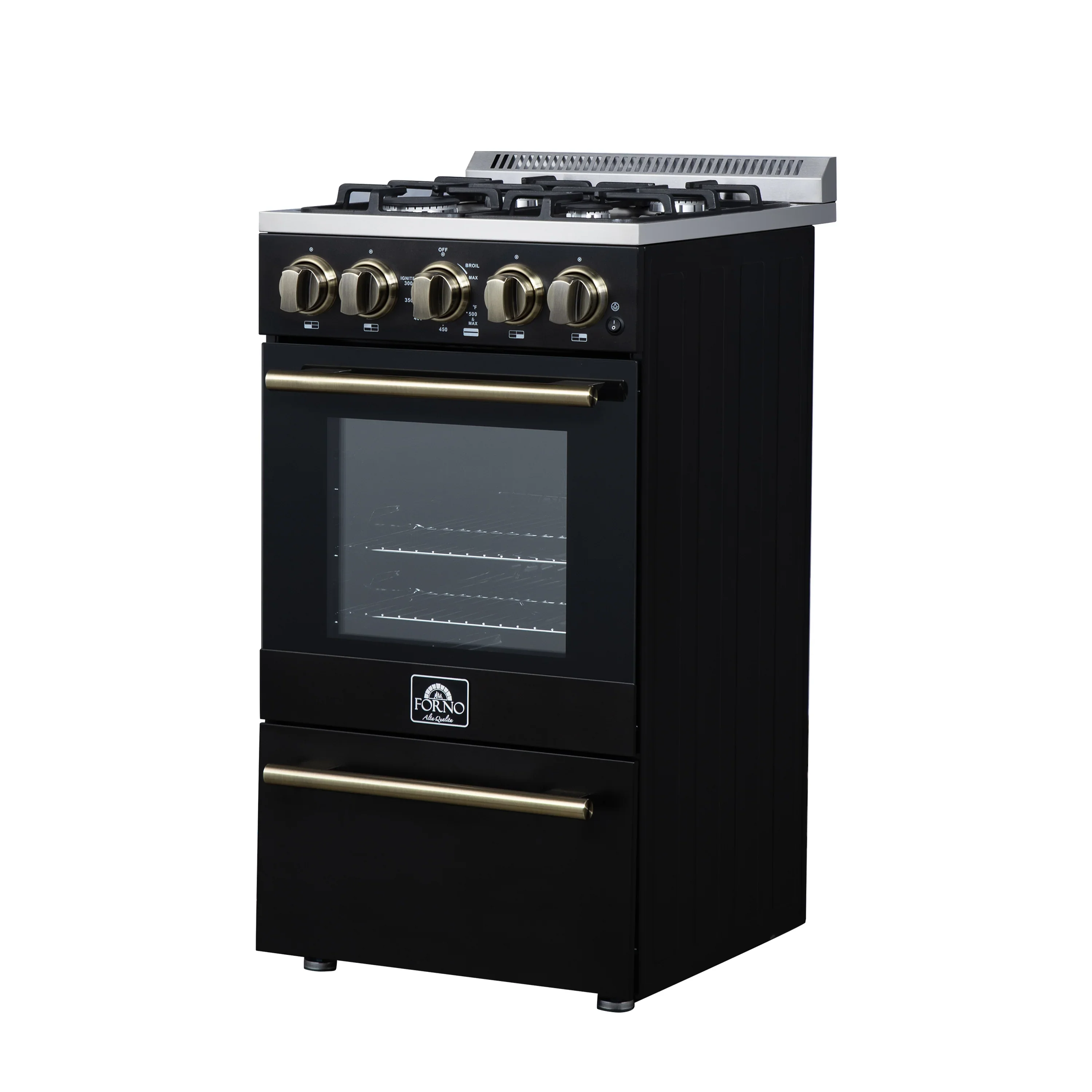 Forno Lamazze 20-Inch Freestanding Gas Range in Black with Antique Brass Trim (FFSGS6265-20BLK) - Image 4