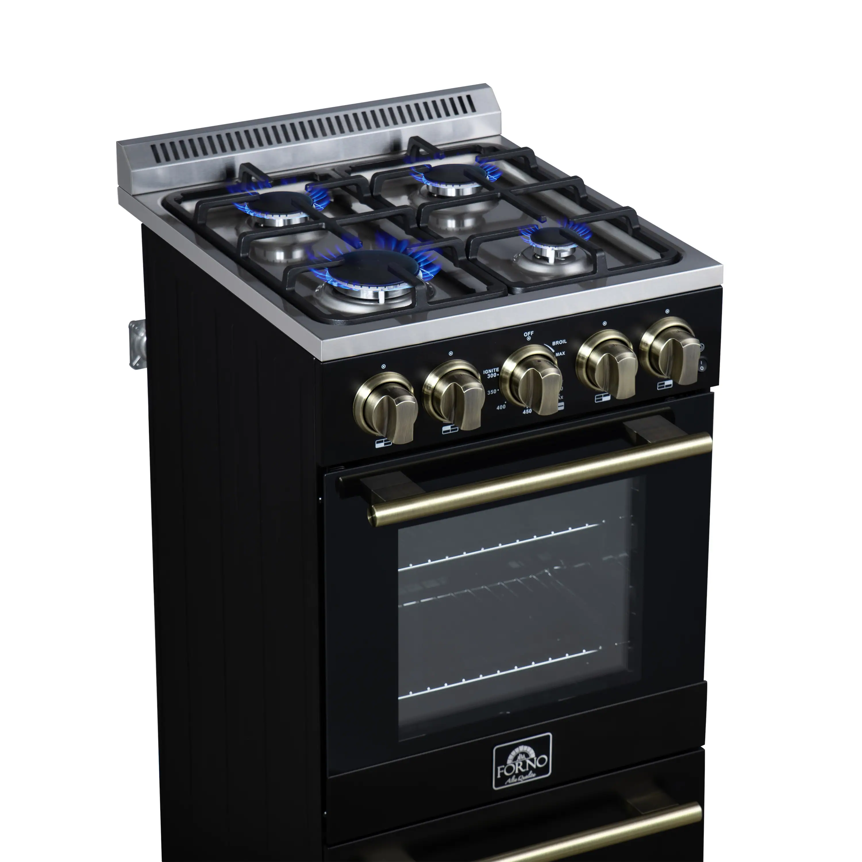 Forno Lamazze 20-Inch Freestanding Gas Range in Black with Antique Brass Trim (FFSGS6265-20BLK) - Image 5