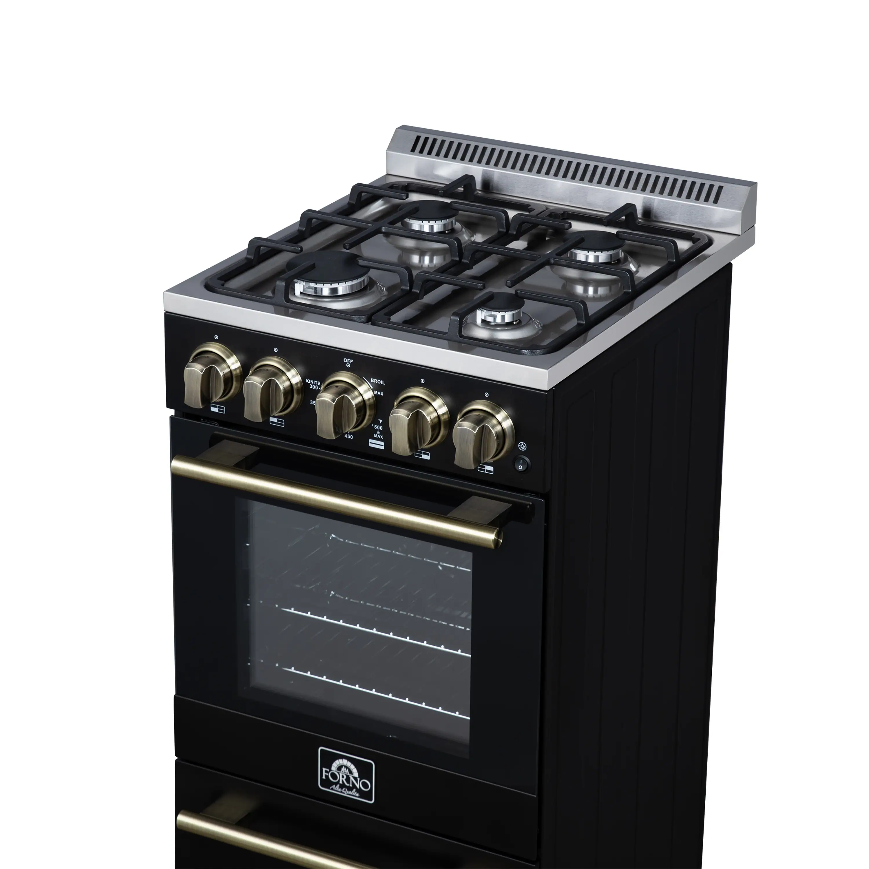 Forno Lamazze 20-Inch Freestanding Gas Range in Black with Antique Brass Trim (FFSGS6265-20BLK) - Image 6