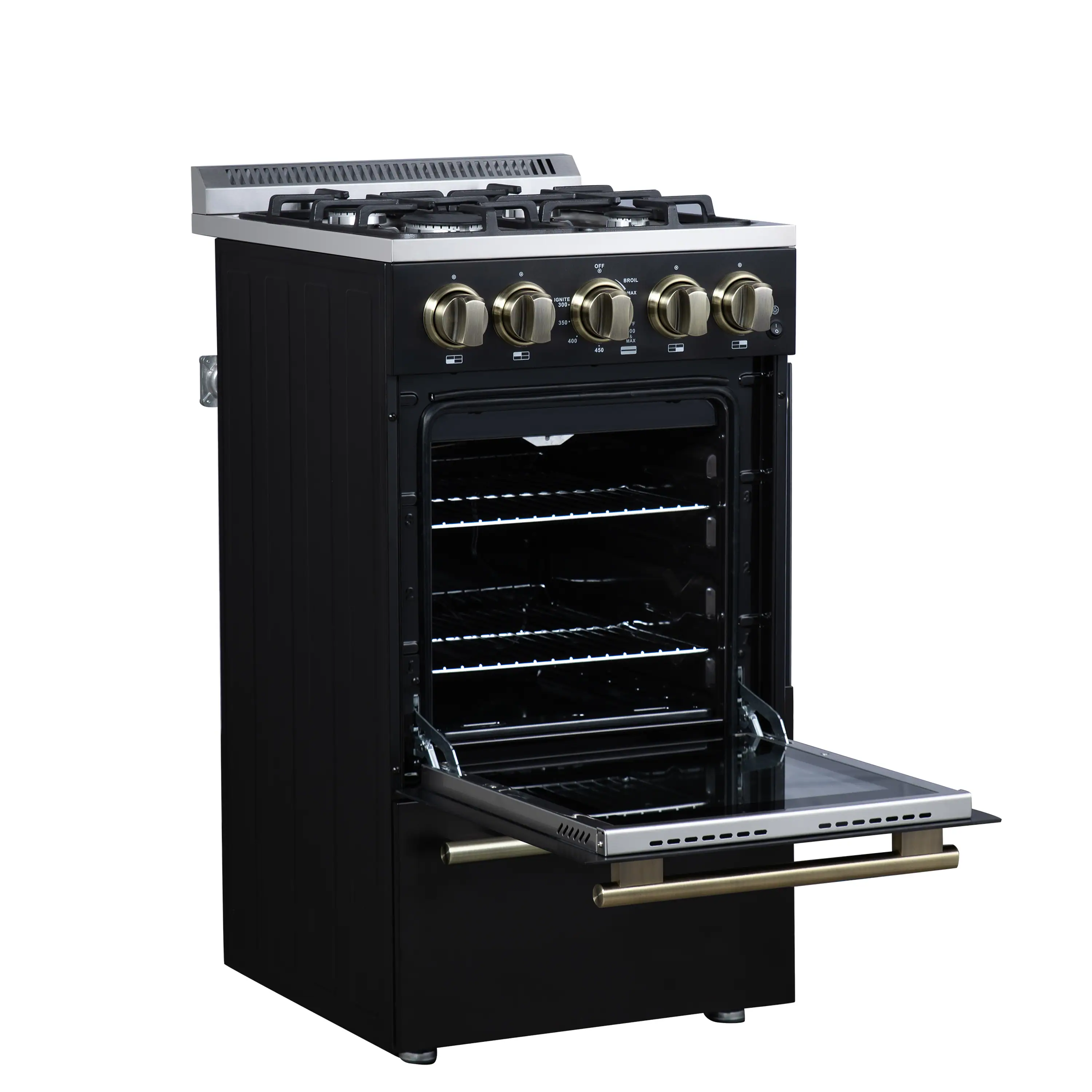 Forno Lamazze 20-Inch Freestanding Gas Range in Black with Antique Brass Trim (FFSGS6265-20BLK) - Image 7