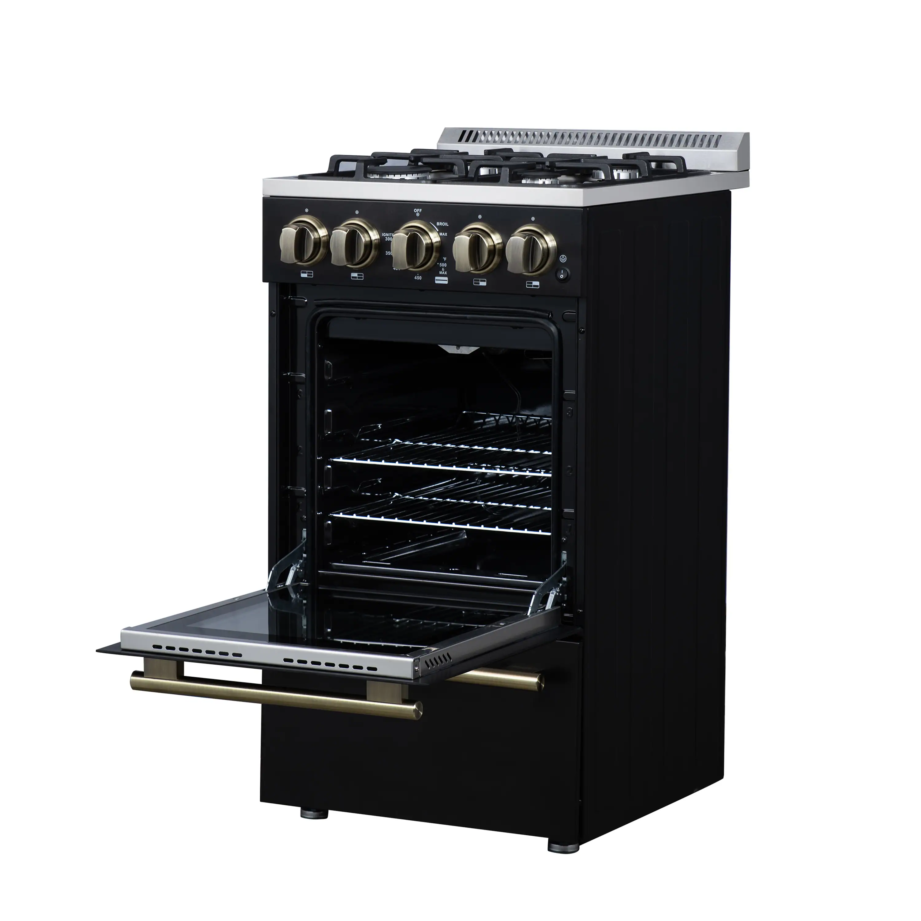 Forno Lamazze 20-Inch Freestanding Gas Range in Black with Antique Brass Trim (FFSGS6265-20BLK) - Image 9
