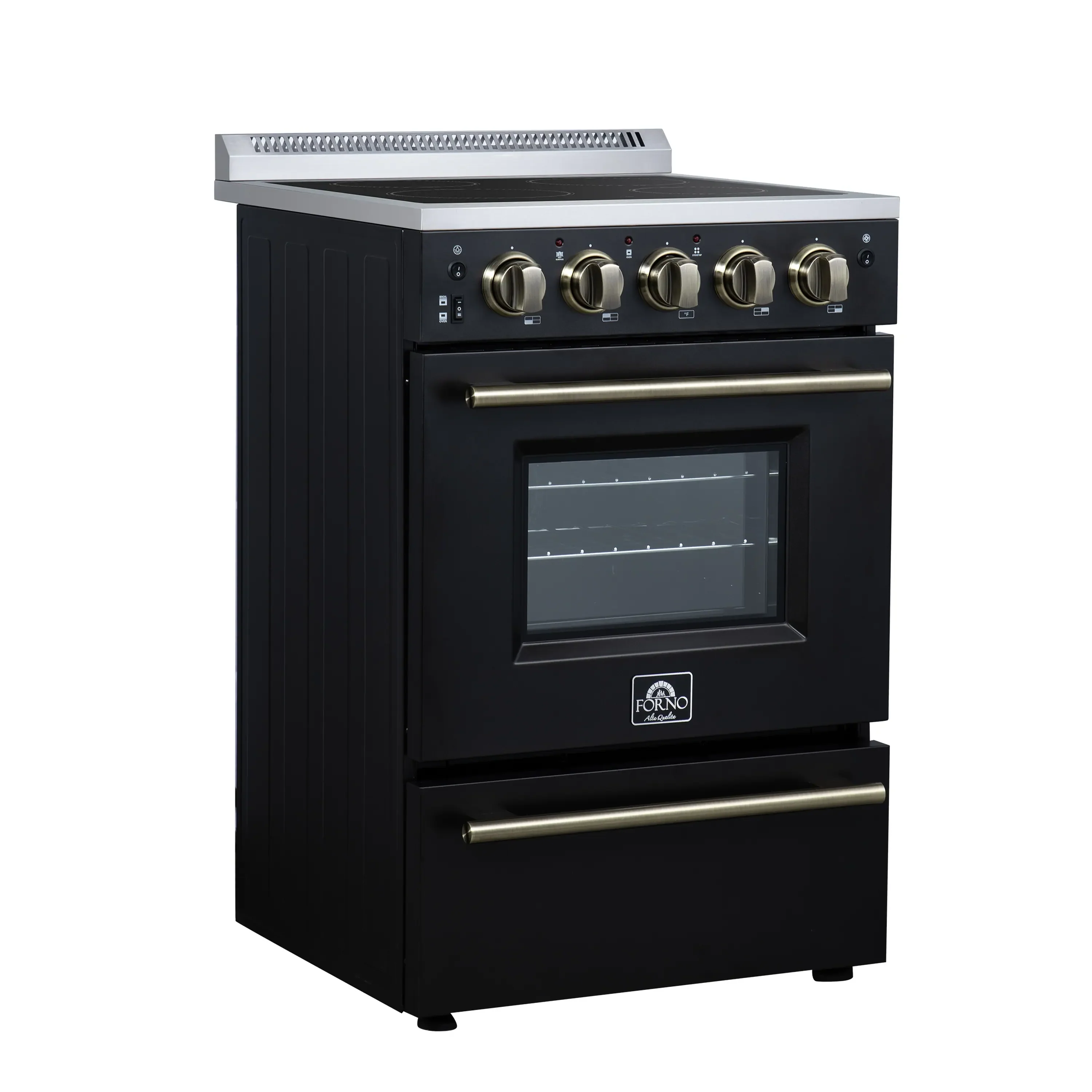 Forno Loiano 24-Inch Freestanding Electric Range in Black with Antique Brass Trim (FFSEL6069-24BLK) - Image 3