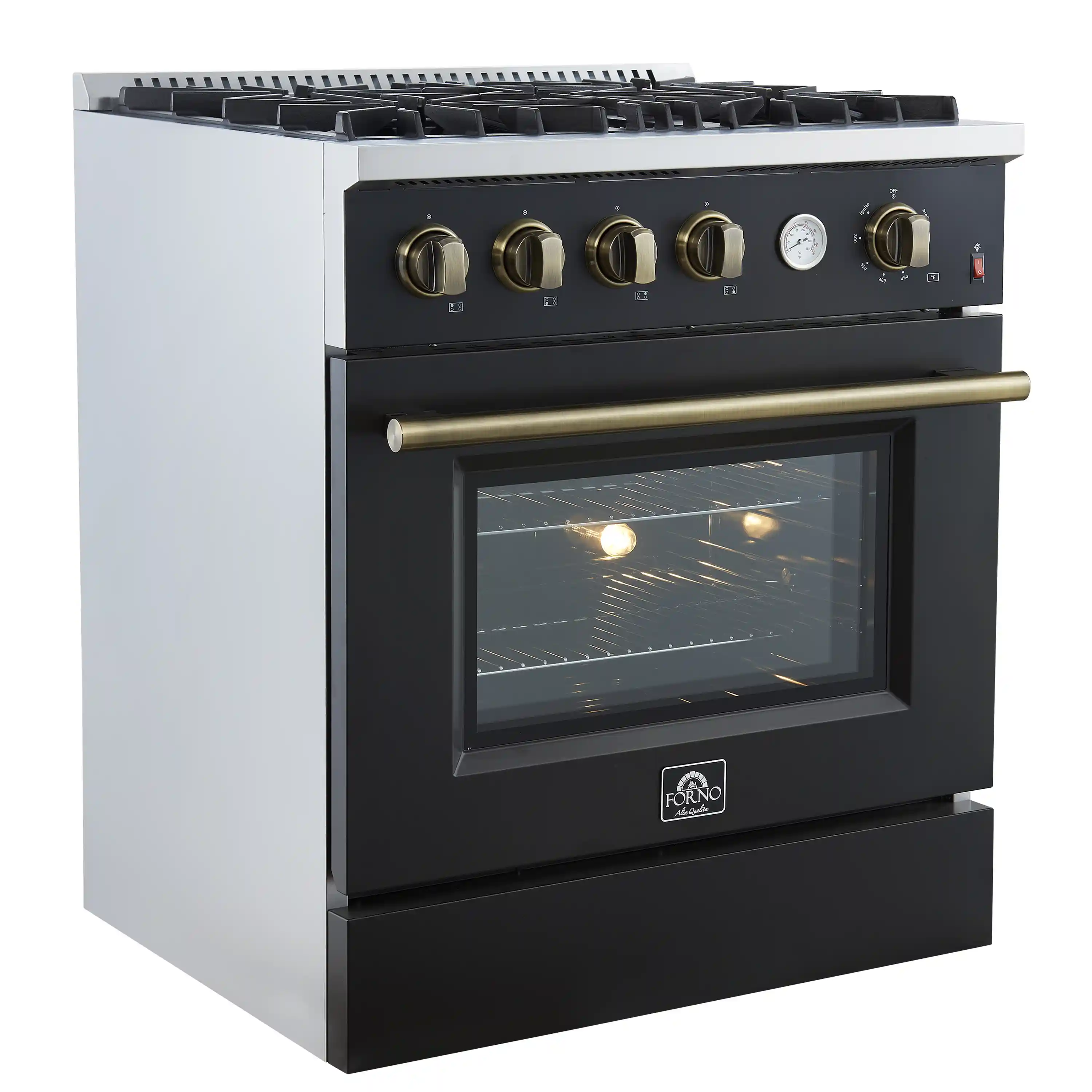 Forno Marco 30-Inch Gas Range with 4 Burners and 4.32 Cu.Ft. Convection Oven in Black with Antique Brass Trim (FFSGS6277-30BLK) - Image 2