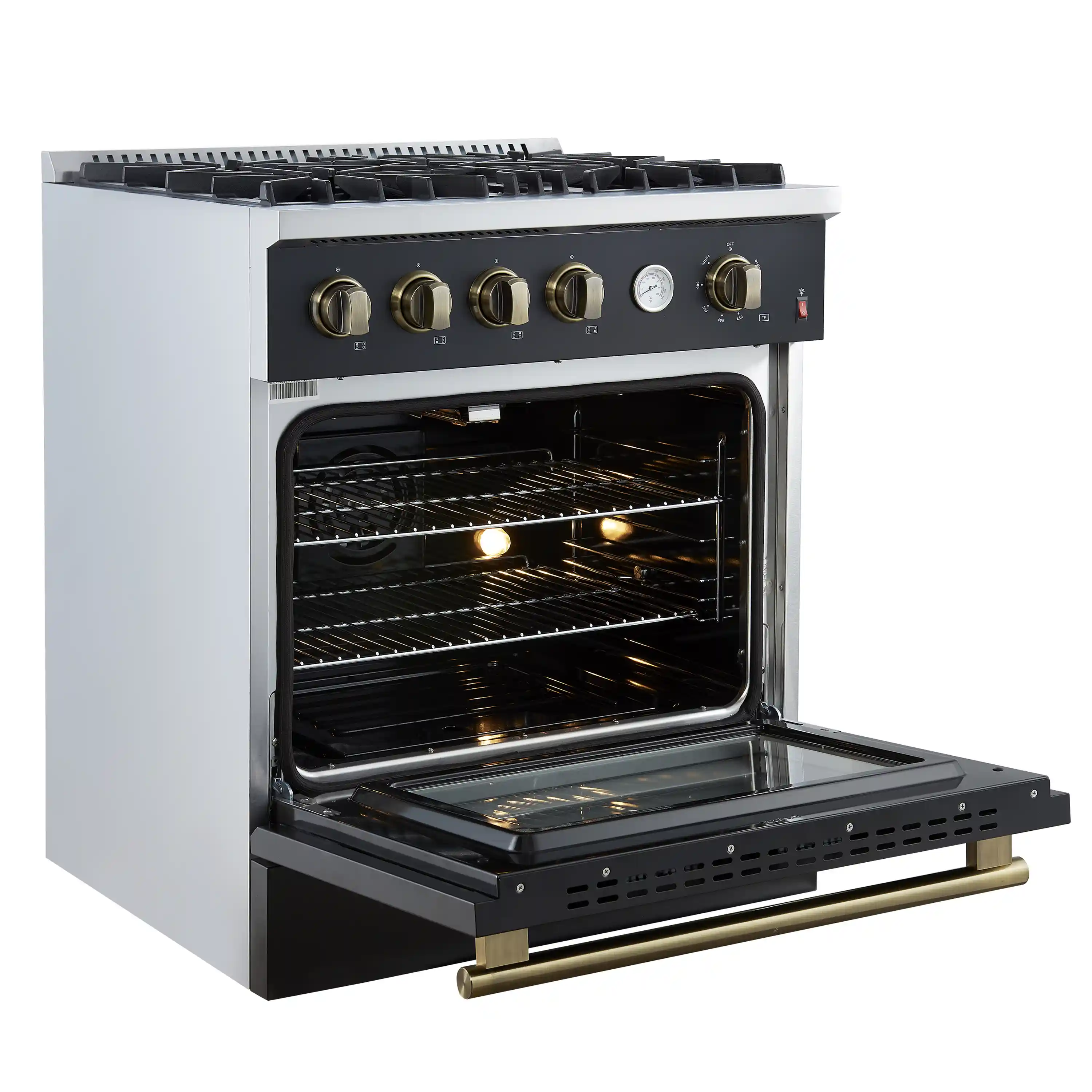 Forno Marco 30-Inch Gas Range with 4 Burners and 4.32 Cu.Ft. Convection Oven in Black with Antique Brass Trim (FFSGS6277-30BLK) - Image 5