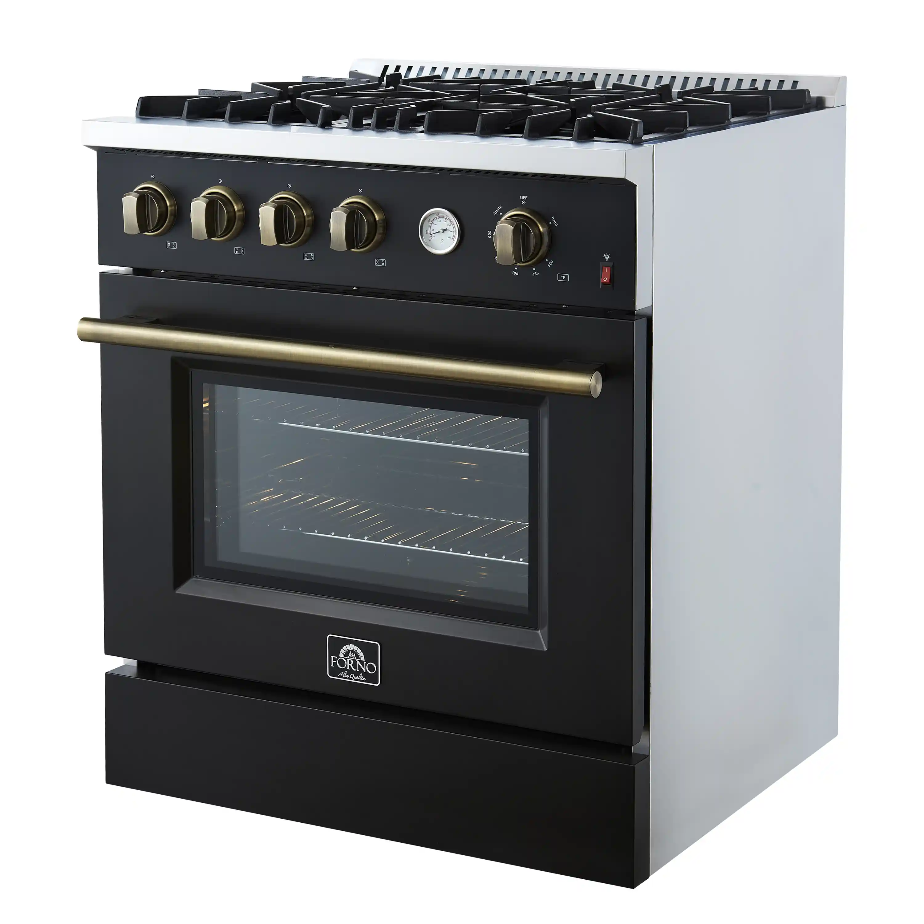Forno Marco 30-Inch Gas Range with 4 Burners and 4.32 Cu.Ft. Convection Oven in Black with Antique Brass Trim (FFSGS6277-30BLK) - Image 8