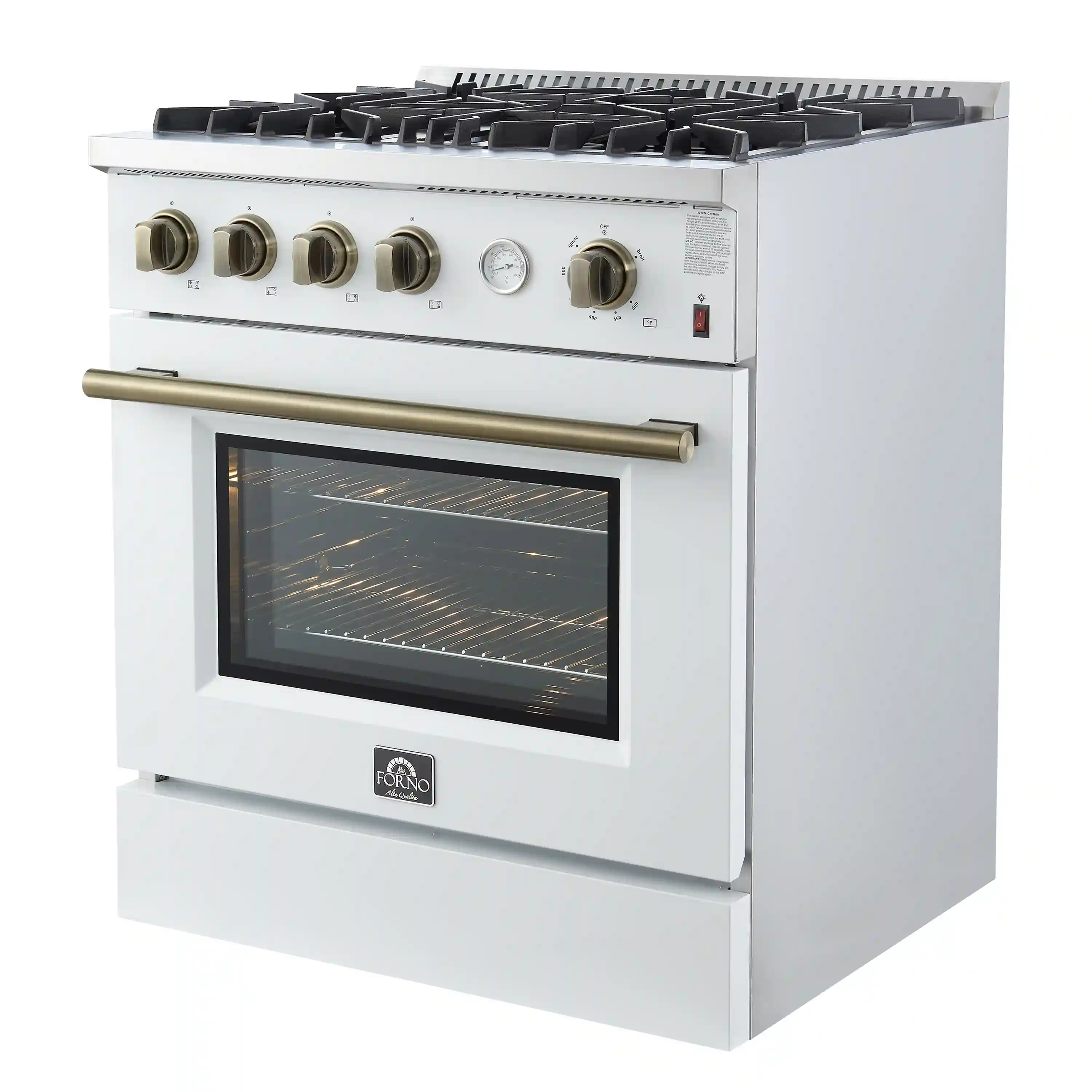 Forno Marco 30-Inch Gas Range with 4 Burners and 4.32 Cu.Ft. Convection Oven in White with Antique Brass Trim (FFSGS6277-30WHT) - Image 10