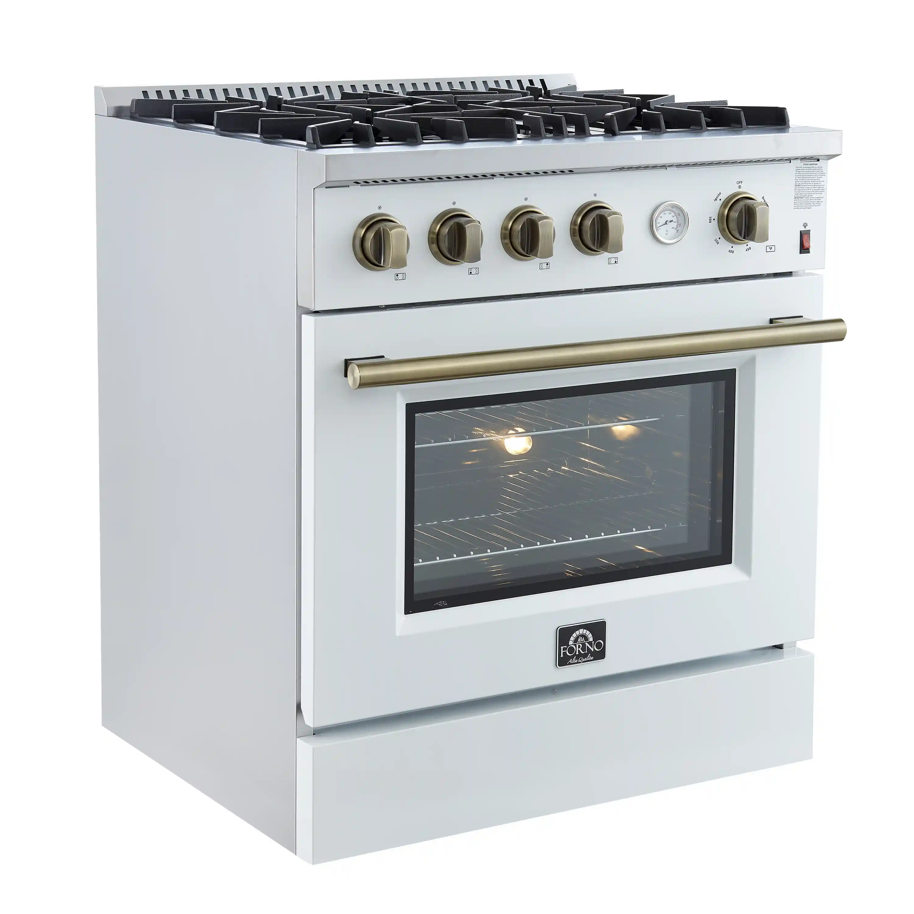 Forno Marco 30-Inch Gas Range with 4 Burners and 4.32 Cu.Ft. Convection Oven in White with Antique Brass Trim (FFSGS6277-30WHT) - Image 2