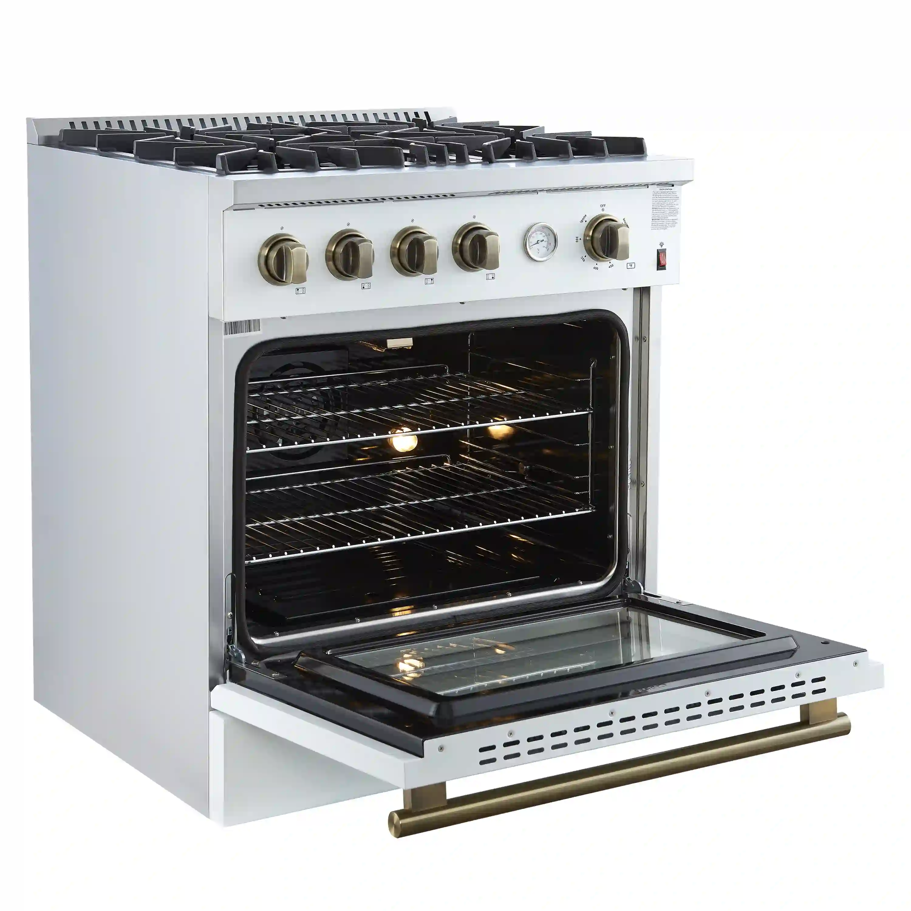 Forno Marco 30-Inch Gas Range with 4 Burners and 4.32 Cu.Ft. Convection Oven in White with Antique Brass Trim (FFSGS6277-30WHT) - Image 5