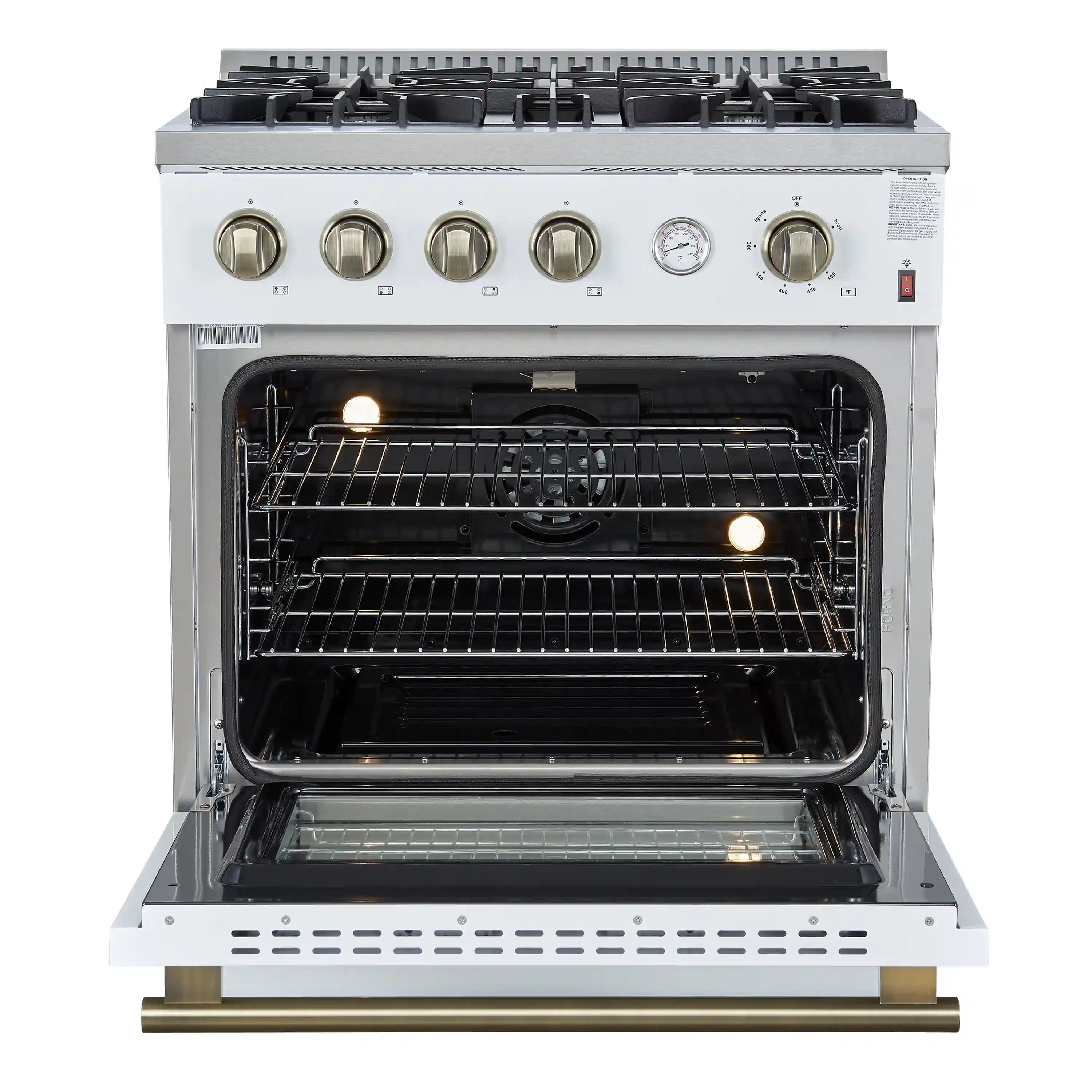 Forno Marco 30-Inch Gas Range with 4 Burners and 4.32 Cu.Ft. Convection Oven in White with Antique Brass Trim (FFSGS6277-30WHT) - Image 6