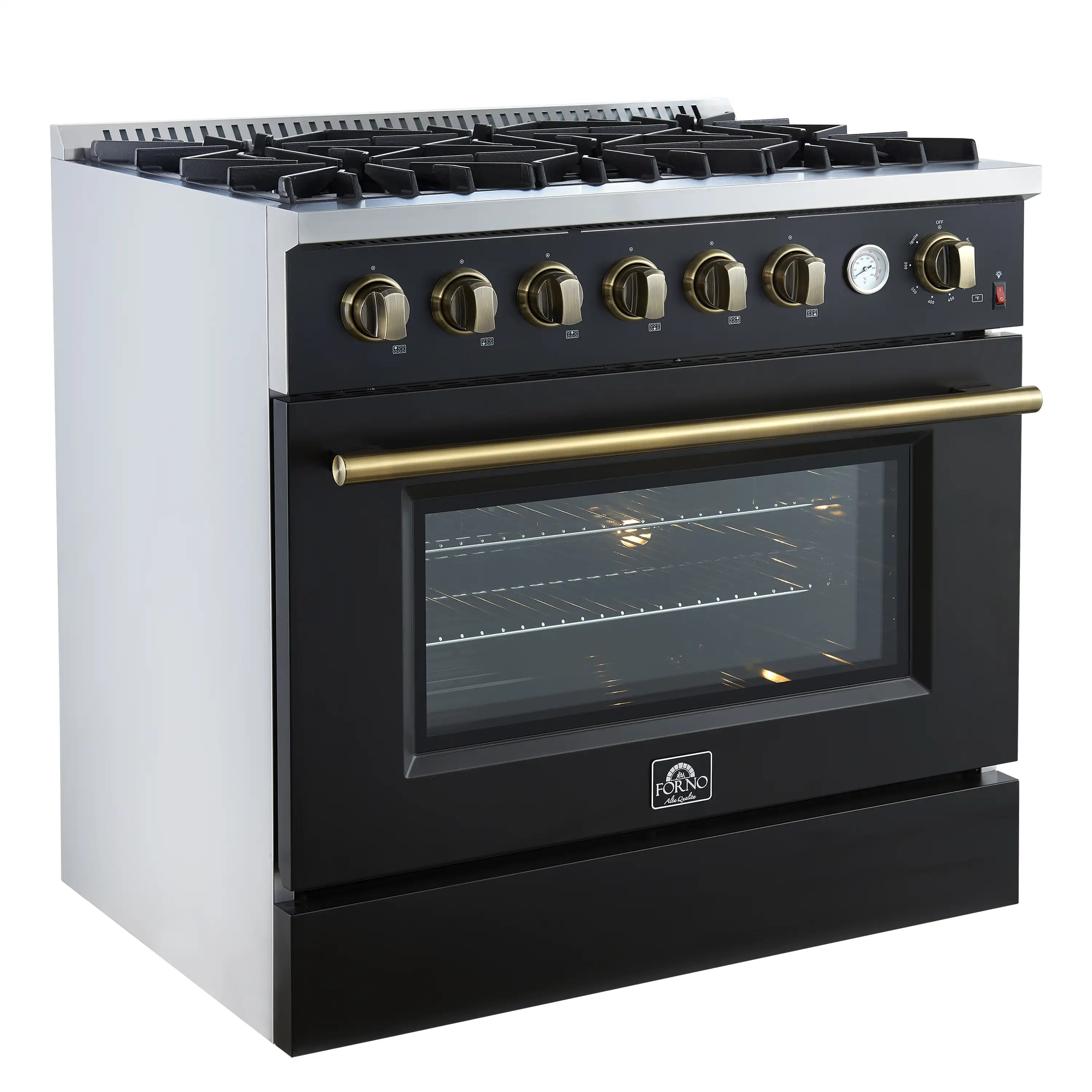 Forno Marco 36-Inch Gas Range with 6 Burners and 5.36 Cu.Ft. Convection Oven in Black with Antique Brass Trim (FFSGS6277-36BLK) - Image 2