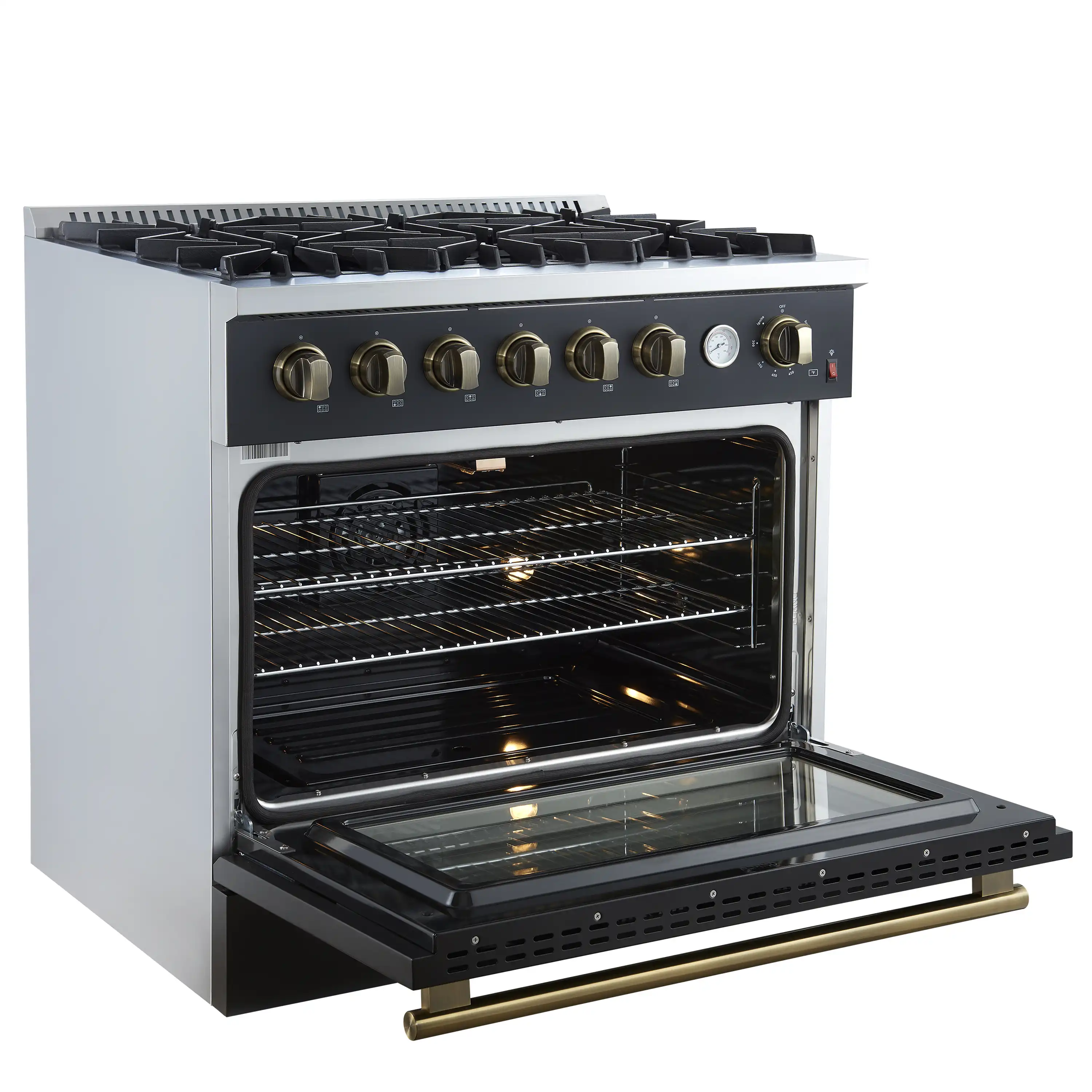 Forno Marco 36-Inch Gas Range with 6 Burners and 5.36 Cu.Ft. Convection Oven in Black with Antique Brass Trim (FFSGS6277-36BLK) - Image 6
