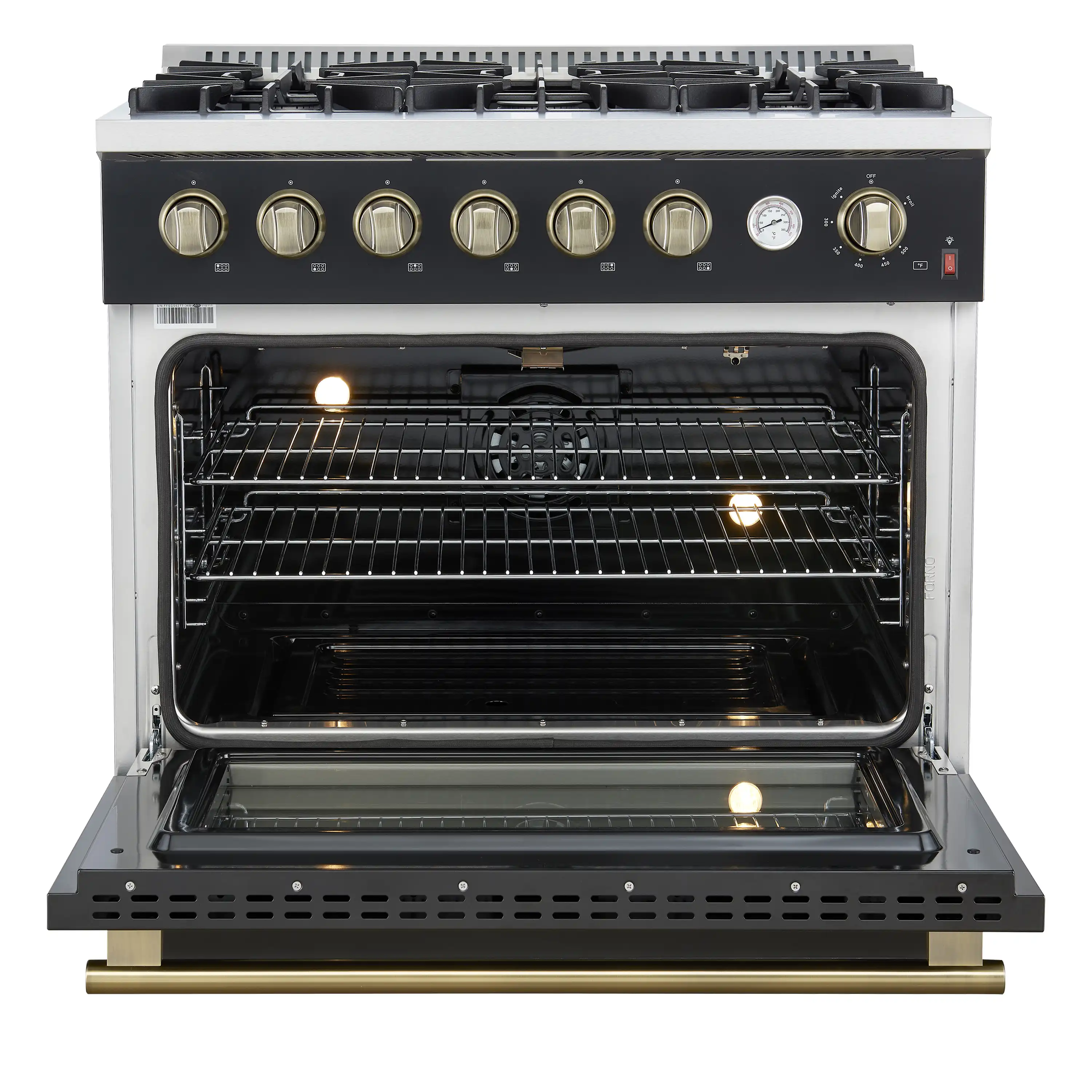 Forno Marco 36-Inch Gas Range with 6 Burners and 5.36 Cu.Ft. Convection Oven in Black with Antique Brass Trim (FFSGS6277-36BLK) - Image 7