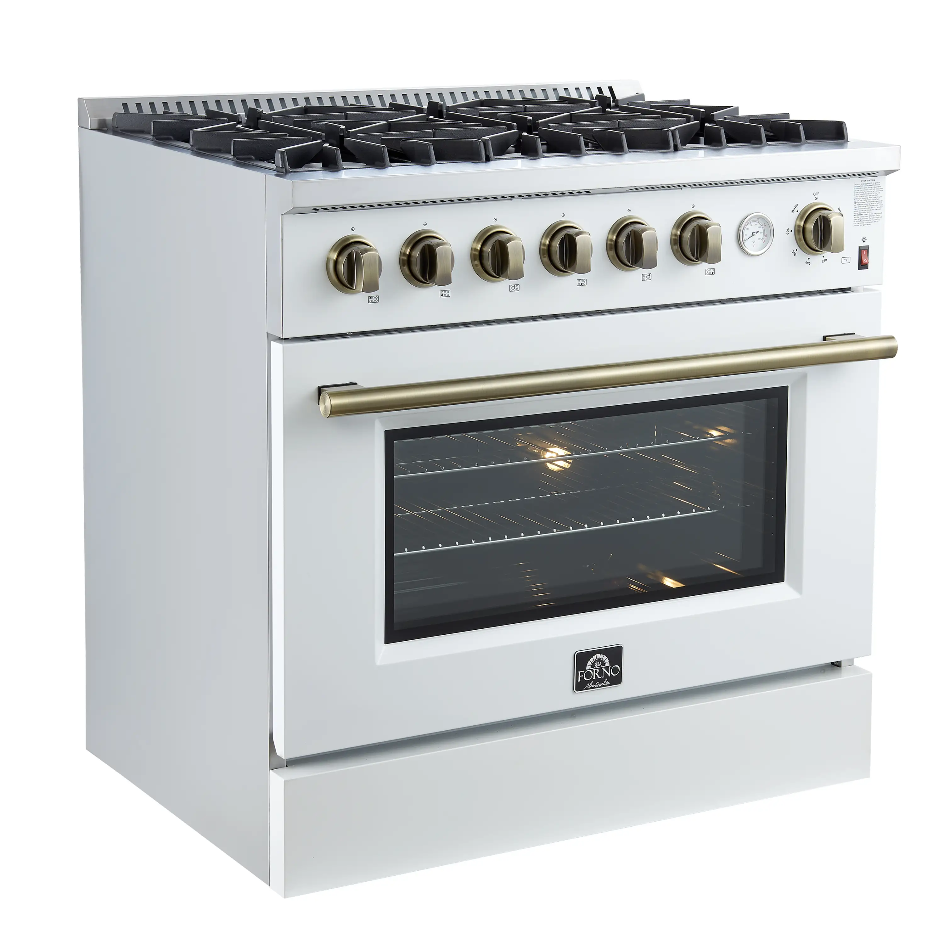 Forno Marco 36-Inch Gas Range with 6 Burners and 5.36 Cu.Ft. Convection Oven in White with Antique Brass Trim (FFSGS6277-36WHT) - Image 2